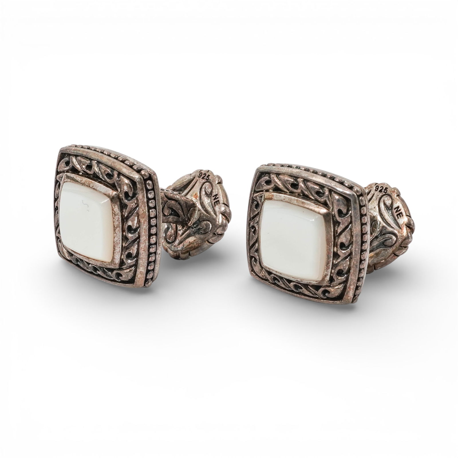 Scott Kay Sterling Silver & MOP Cufflinks: Scott Kay Sterling Silver & MOP Cufflinks1990s-2000s, USAPair of Scott Kay sterling silver cufflinks, each with a square mother-of-pearl inlay within a sculpted, scroll-worked frame and beaded edge de