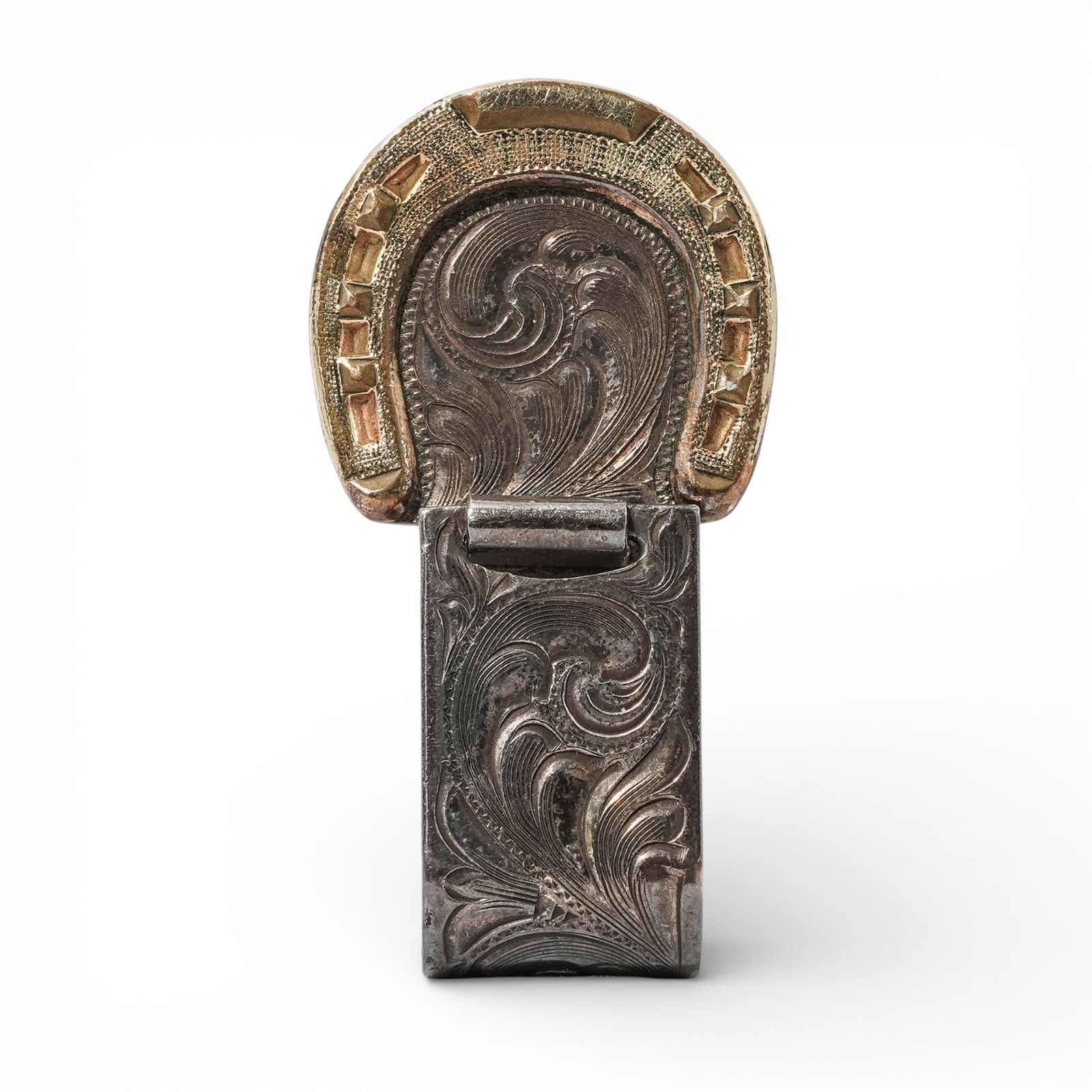 Vogt Sterling Silver & 14k Gold Fill Horseshoe Money Clip: Vogt Sterling Silver & 14k Gold Fill Horseshoe Money Clip1980s-1990s, MexicoVogt sterling silver money clip with applied 14K gold fill horseshoe motif. The clip features engraved scrollwork decoration