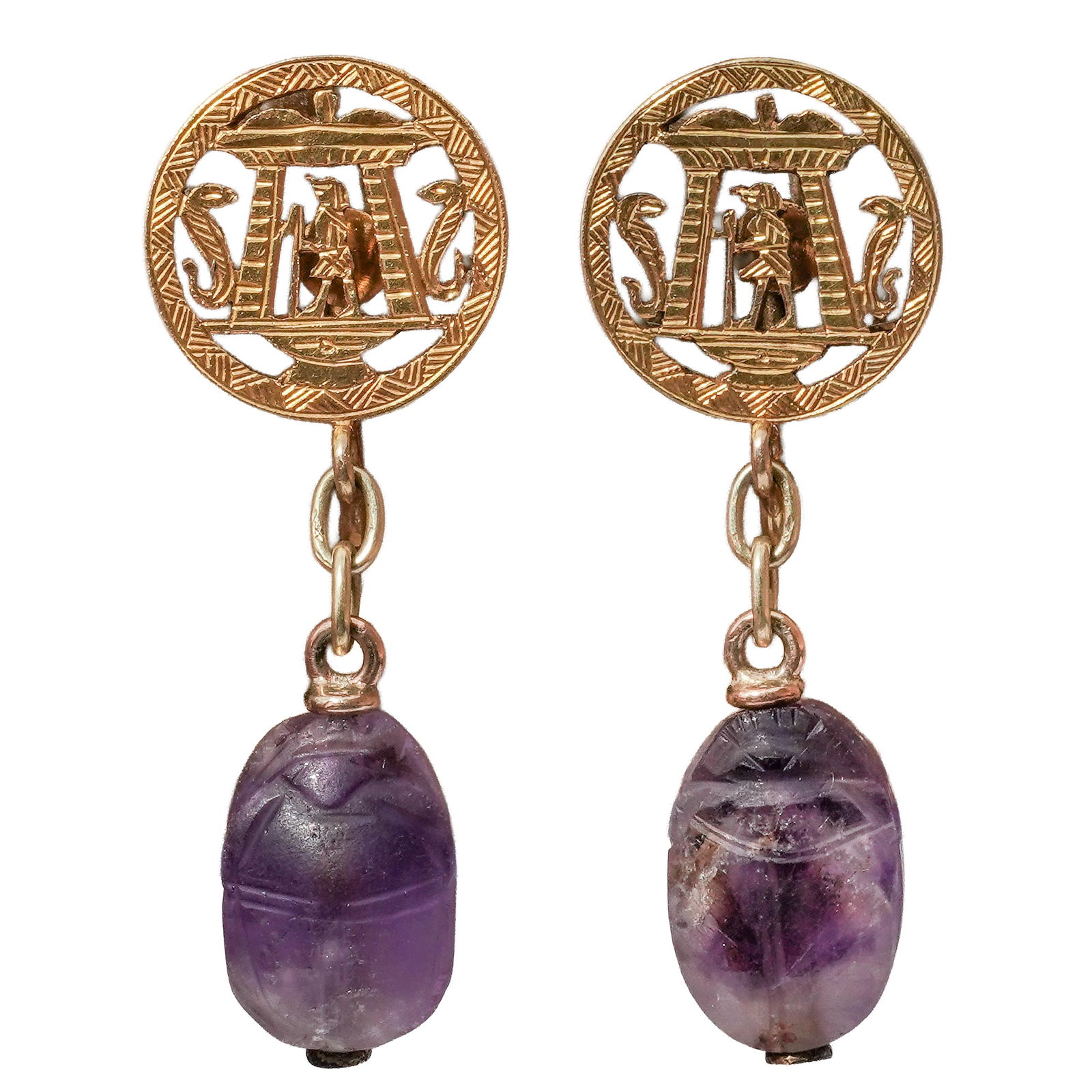 14K Gold Egyptian Revival Amethyst Scarab Earrings: 14K Gold Egyptian Revival Amethyst Scarab Earrings20th c.14-karat yellow gold reticulated screw-back earrings featuring Ancient Egyptian imagery with dangling, carved scarab-shaped amethyst stones. Th
