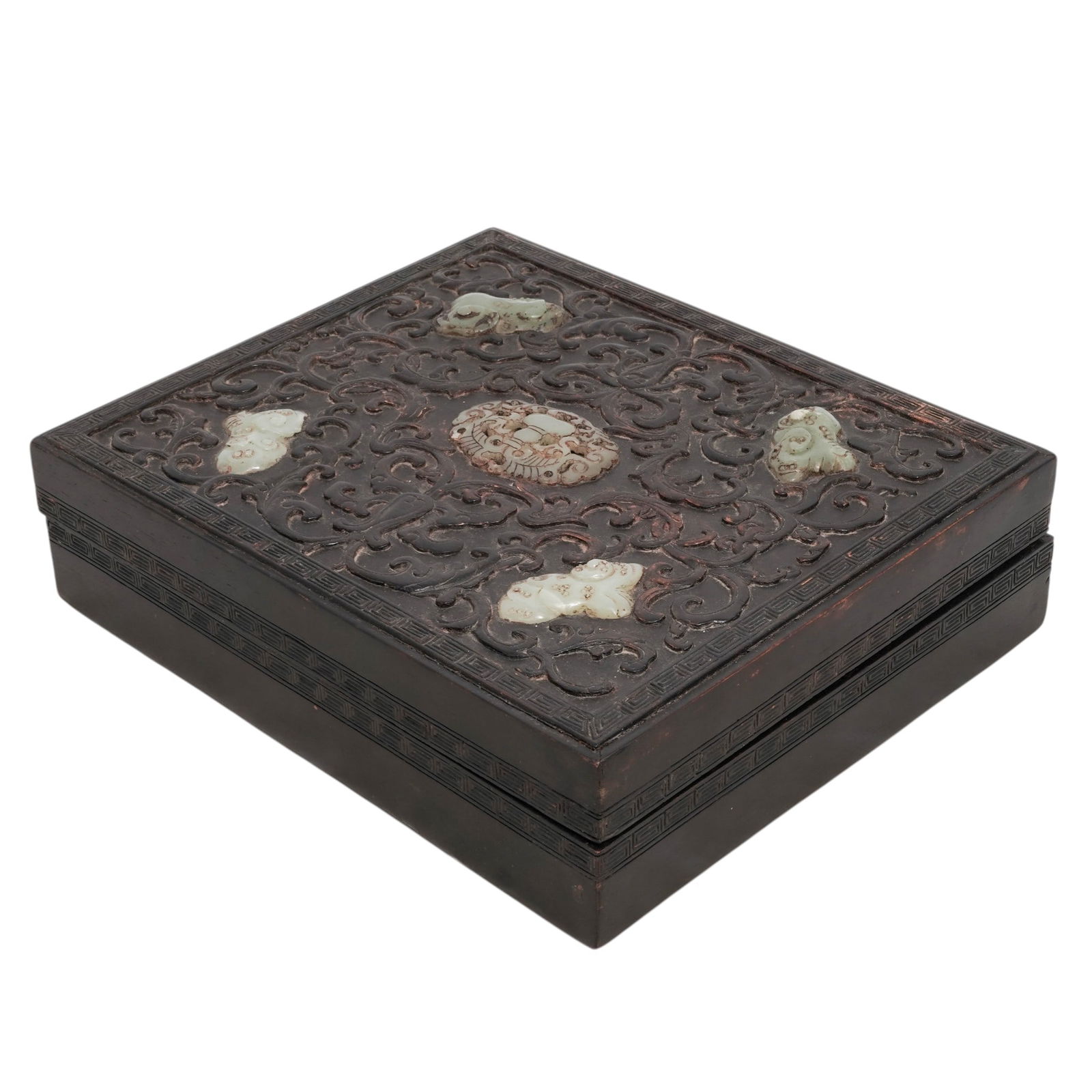 Antique Chinese Carved Zitan Wood & Jade Box (1 of 9)