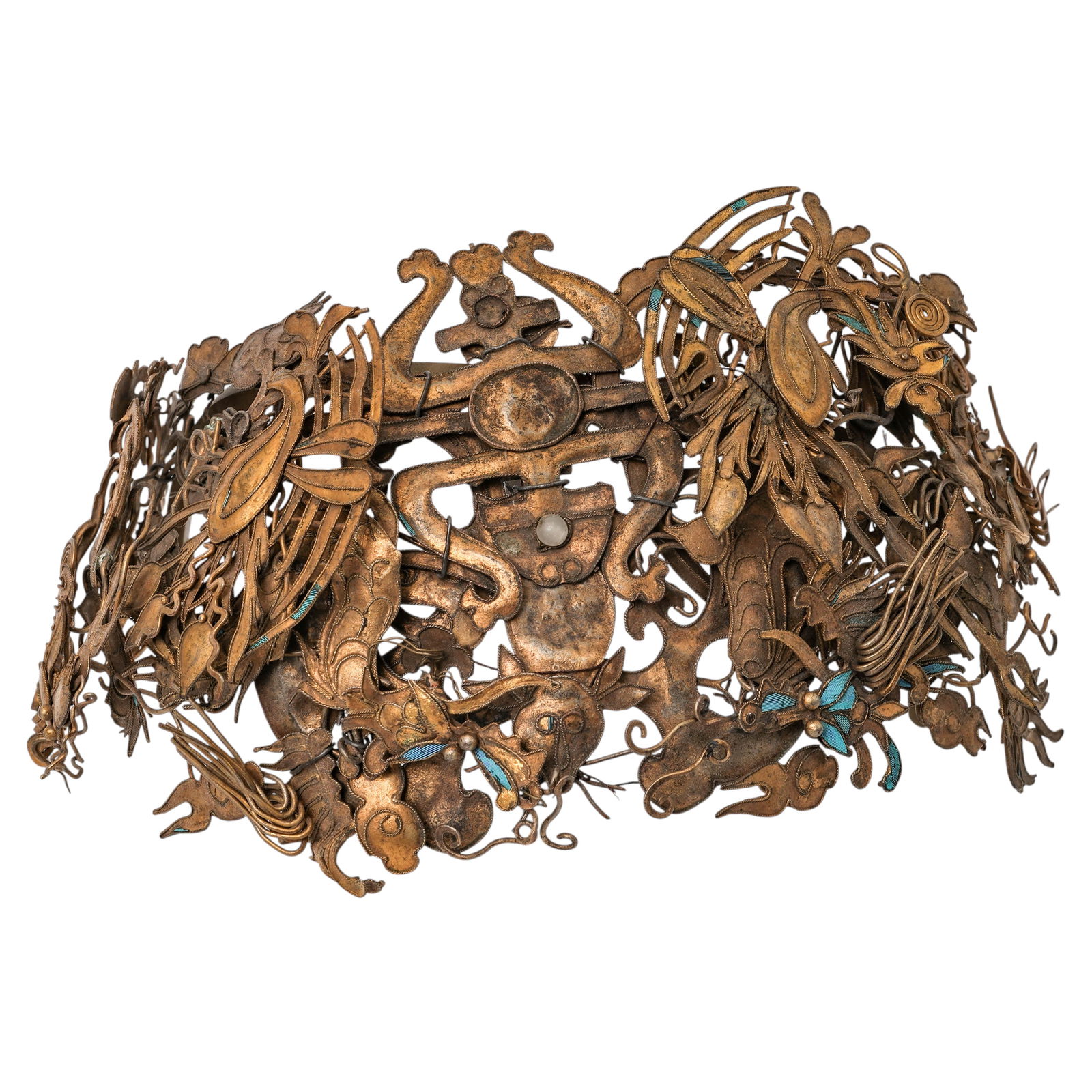 Antique Chinese Kingfisher Feather & Gilt Metal Hair Ornament: Antique Chinese Kingfisher Feather & Gilt Metal Hair Ornament 19th century, Chinese The hair ornament is made of gilt metal and features intricate openwork carving. The headdress includes bird