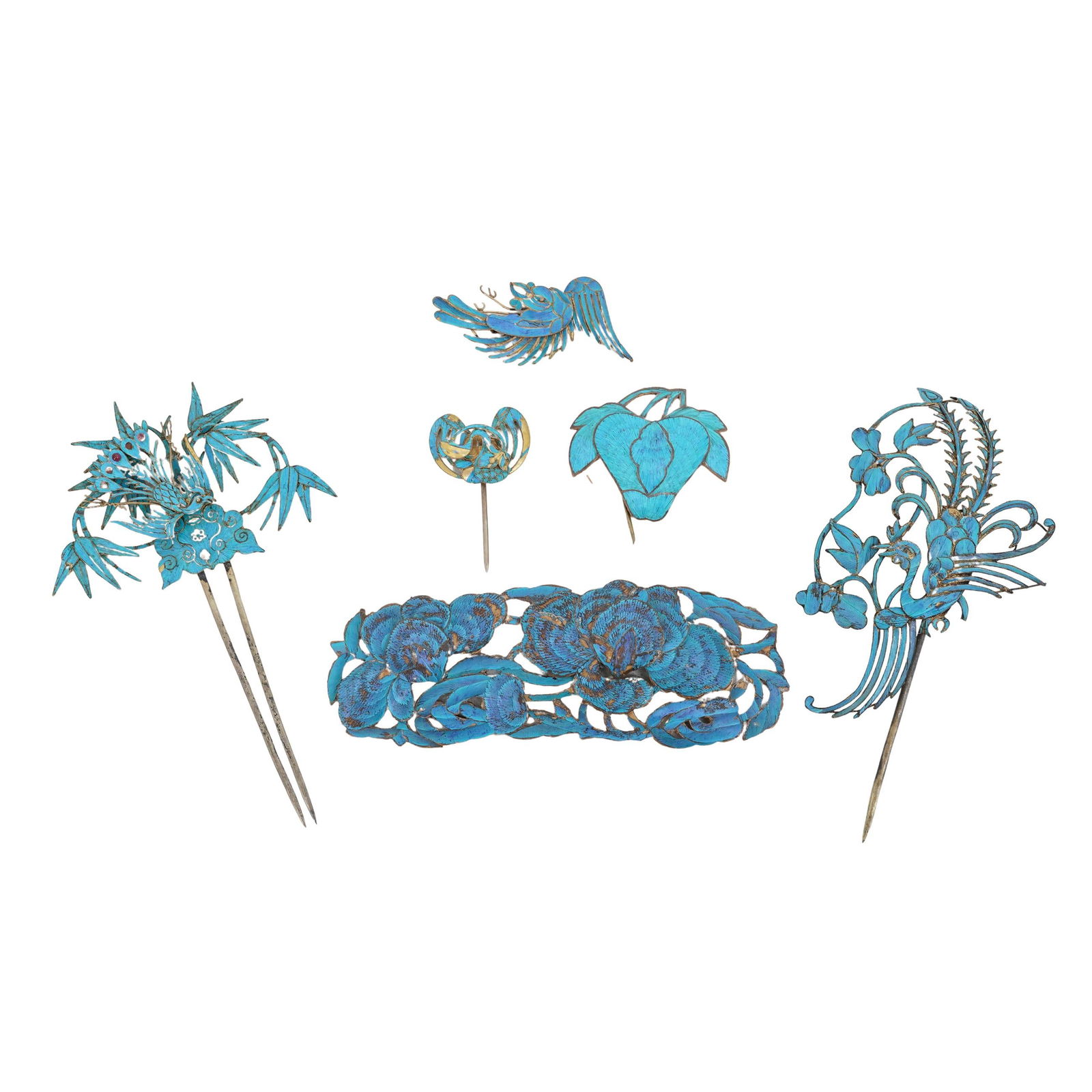 (6pc) Antique Chinese Qing Kingfisher Hair Pin Group: (6pc) Antique Chinese Qing Kingfisher Hair Pin GroupLate 19th to early 20th Cent. ChineseAntique Chinese tian-tsui, or "dotting with kingfishers" hair pin from the Qing dynasty. This traditional techn