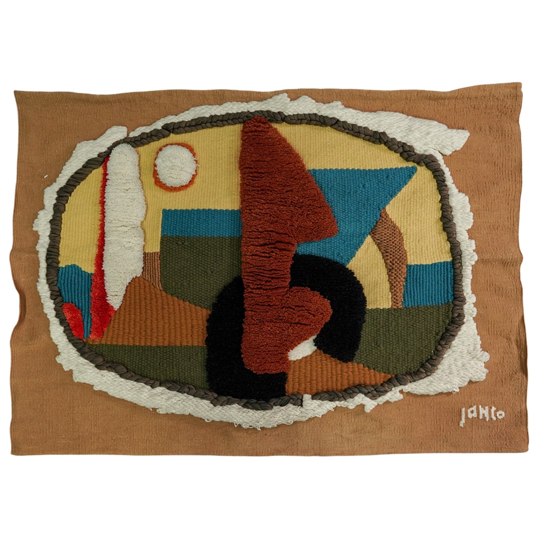 Marcel Janco (Romanian/Israeli 1895-1984) "Red Arrow" Textile: Marcel Janco (Romanian/Israeli 1895-1984) "Red Arrow" Textile 20th century, Israeli Marcel Janco "Red Arrow" textile art. Signed "Janco" in bottom left. Tag marked on corner "An Original Work of Art