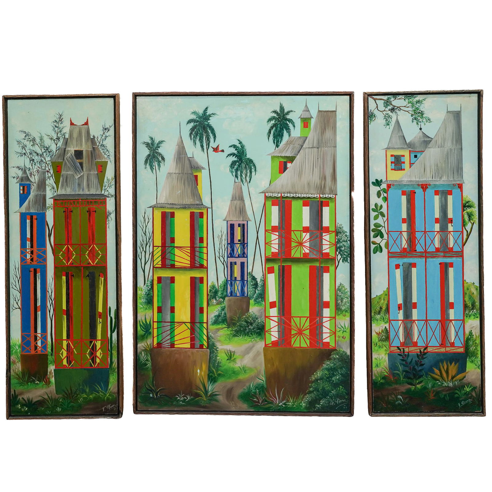 Fernand Pierre (Haitian, 1919-2002) Gingerbread Houses Triptych: Fernand Pierre (Haitian, 1919-2002) Gingerbread Houses Triptych Mid to Late 20th c., Haiti Three oil on board folk art paintings featuring stylized, colorful buildings with intricate balconies amidst