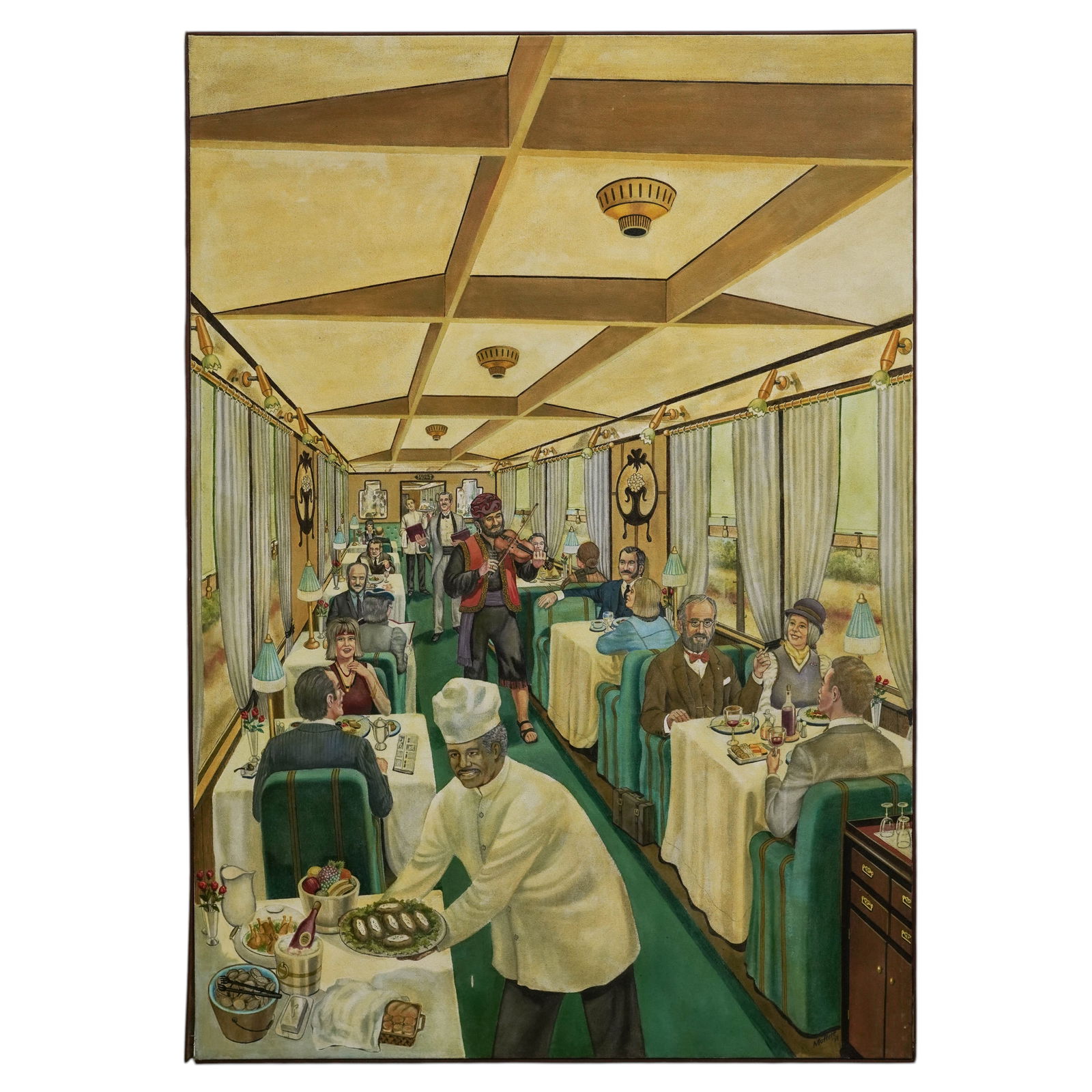Large Signed Passenger Train Car Painting: Large Signed Passenger Train Car Painting 1991 Large acrylic on canvas painting depicting a luxurious, bustling dining car scene from an antique train with passengers eating, a chef preparing food,