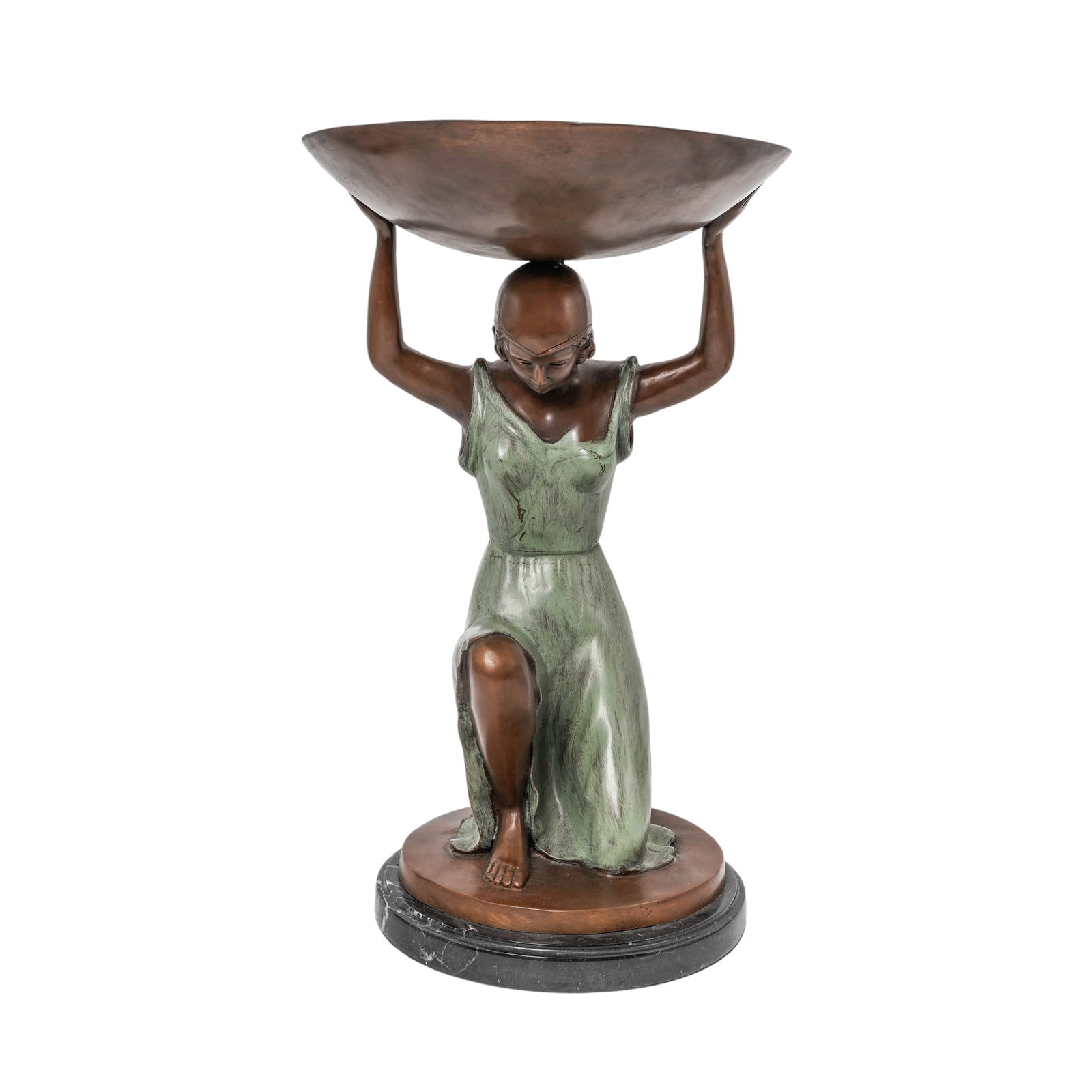 Large Art Deco Bronze Kneeling Woman Pedestal bowl: Large Art Deco Bronze Kneeling Woman Pedestal bowl20th century, EuropeanLarge bronze sculpture of a kneeling woman holding a bowl on her head, mounted on a marble base.It features a patina finish, giv