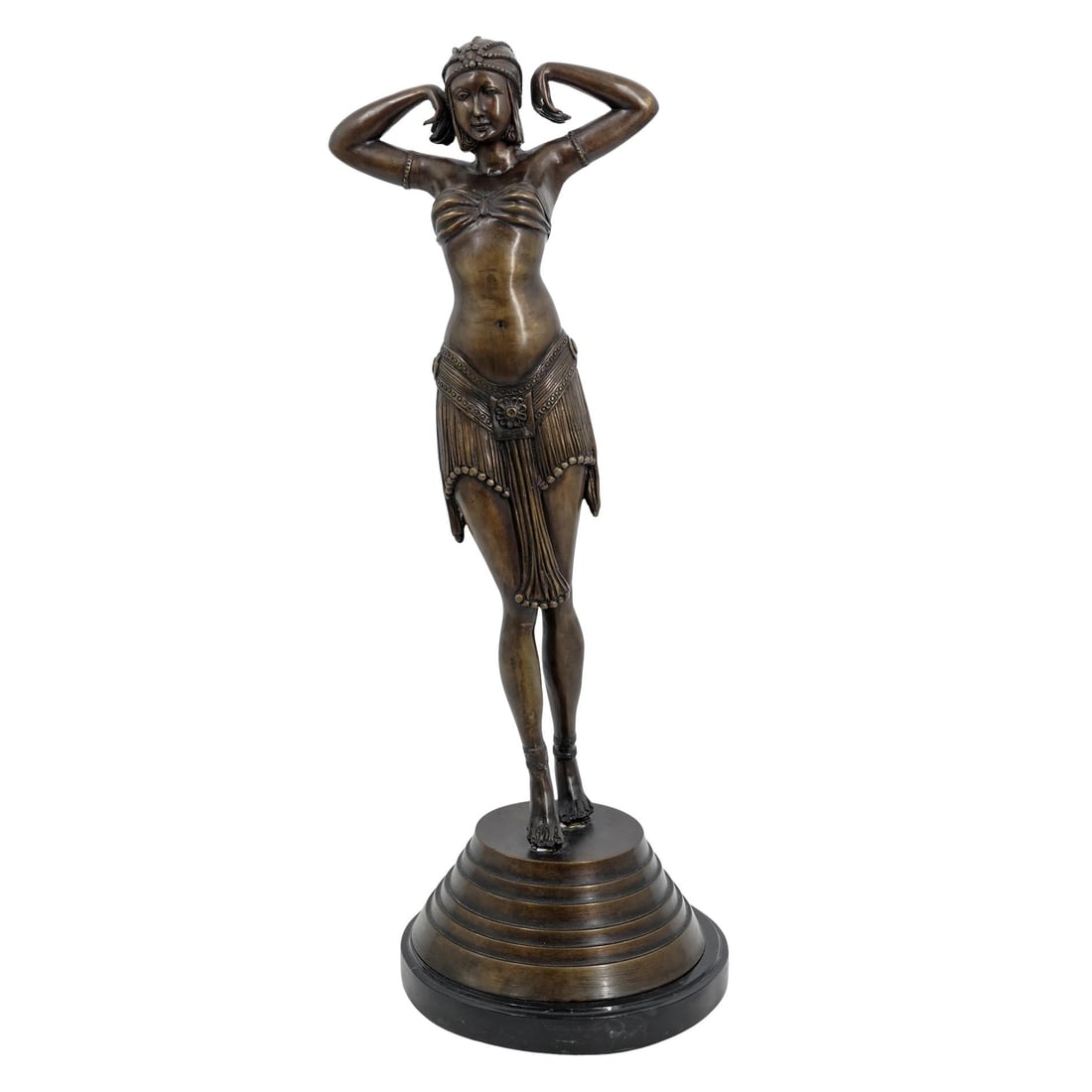 After Demetre Chiparus "Scarab Dancer" Bronze: After Demetre Chiparus "Scarab Dancer" Bronze20th century, RomanianThe large bronze sculpture depicts a woman in an exotic outfit captured in a dynamic, theatrical pose with her arms raised wearing a