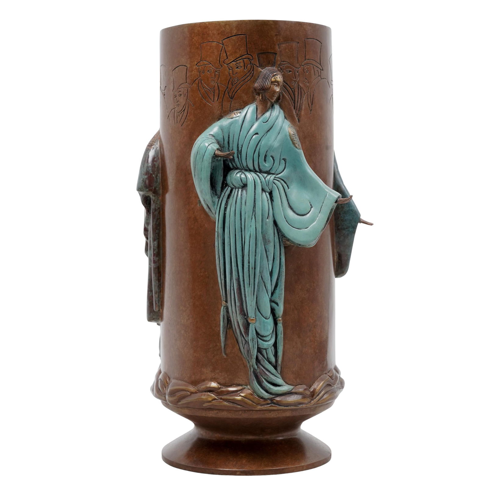 Erte (French. 1892-1990) Bronze "Fantasy" Vase: Erte (French. 1892-1990) Bronze "Fantasy" Vase1985Limited edition painted bronze vase designed by Romain de Tirtoff (Russian/French, 1892-1990), and produced during his lifetime. It has a rich brown c