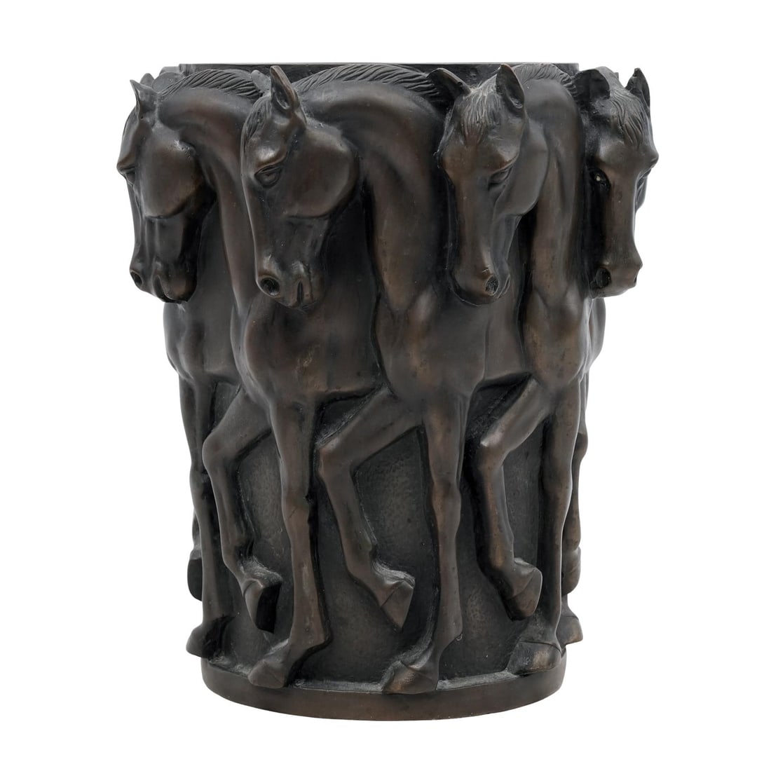 After Auguste Moreau Patinated Bronze Horse Vase: After Auguste Moreau Patinated Bronze Horse VaseLate 19th-Early 20th c., FranceAntique patinated bronze vase after Auguste Moreau (French, 1834-1917). It features a cylindrical body encircled by high-