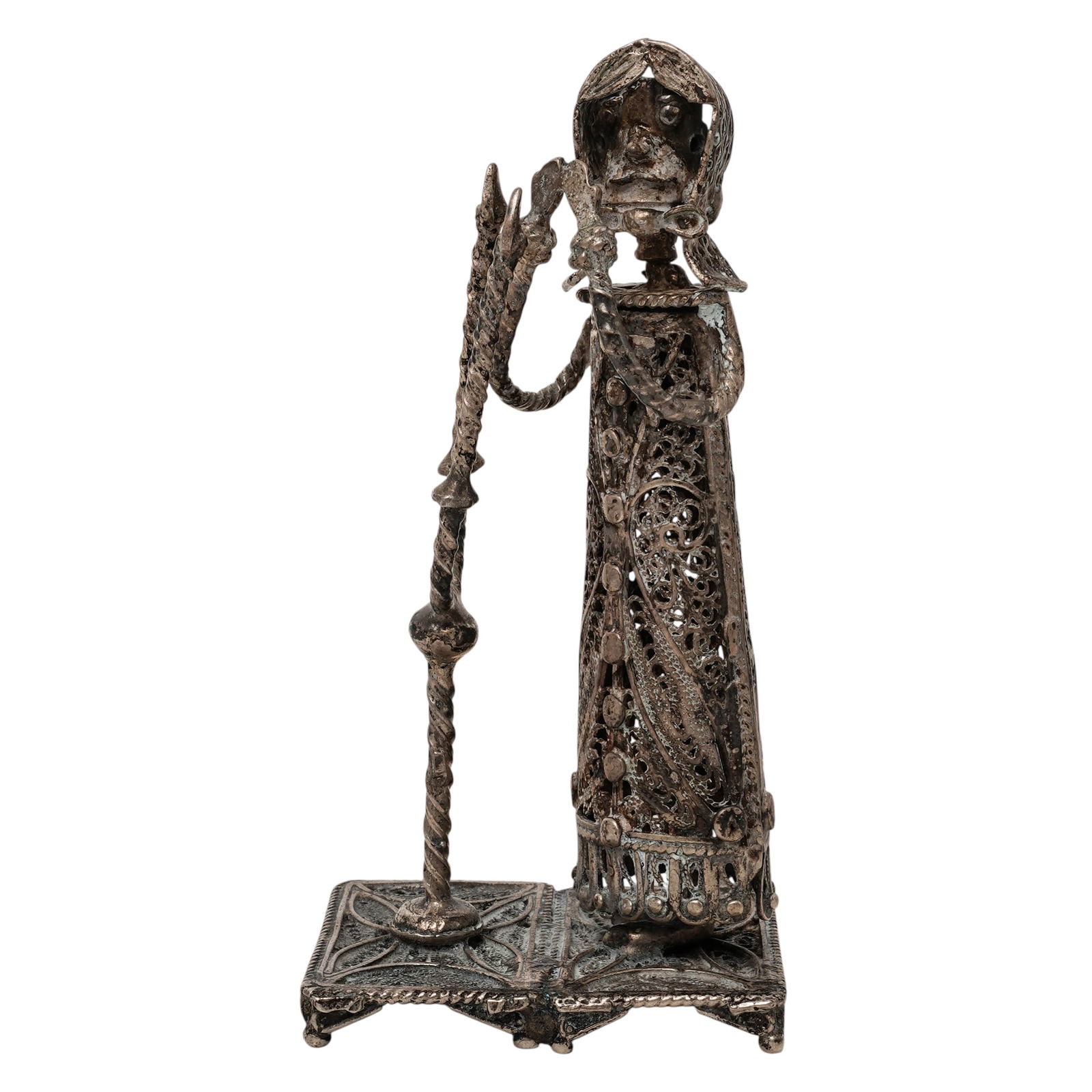 Sterling Silver Judaic Figurine: Sterling Silver Judaic Figurine 20th century A sterling silver Judaic figurine. Marked on bottom of base "925" with illegible maker's marks. Total weight: 46.5 grams. H 3.25" x W 1.5" x L 1.625"