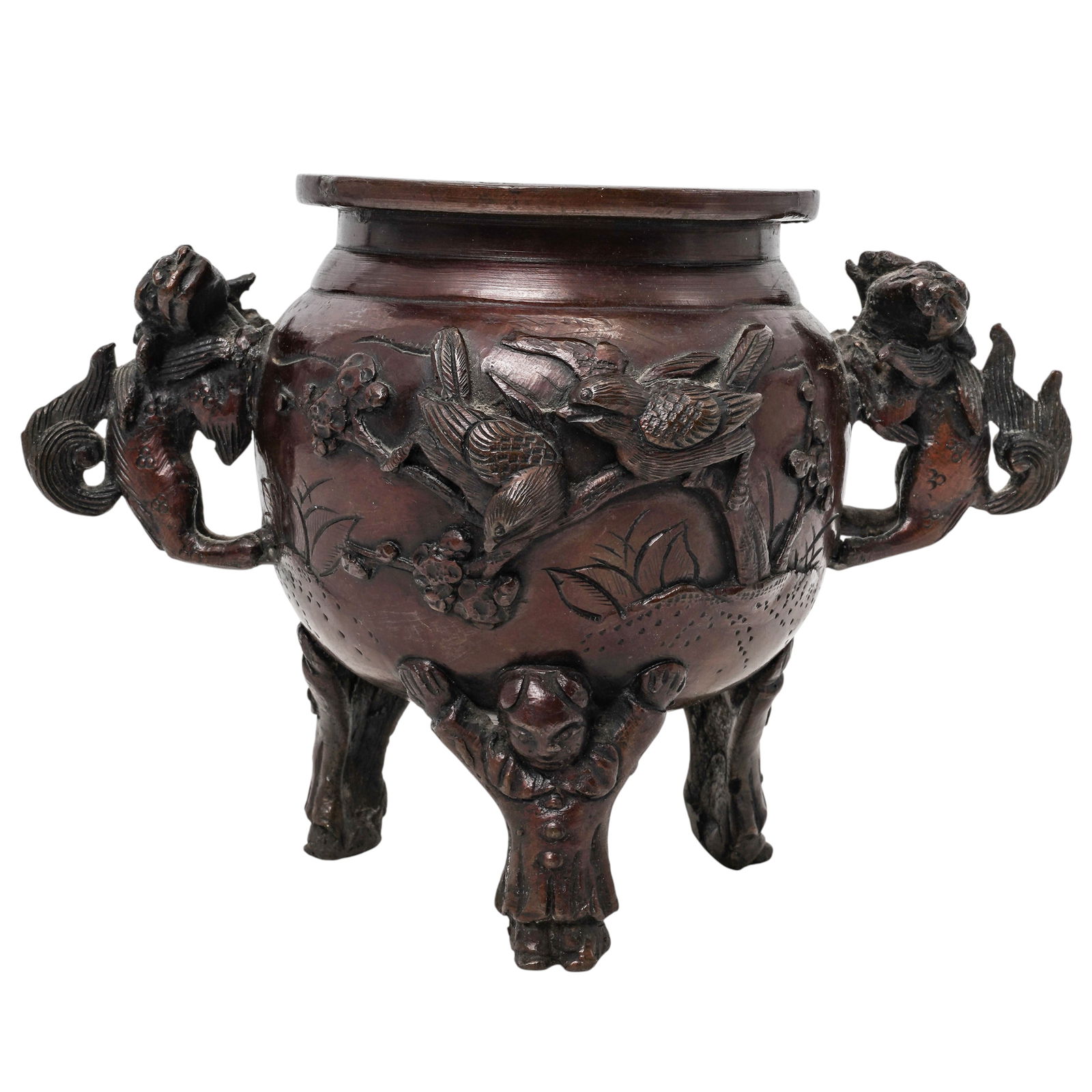 Japanese Meiji Bronze Tripod Censer: Japanese Meiji Bronze Tripod Censer 1868-1912, Japanese Bronze censer features detailed relief carvings of birds, animals and flowers/ foliage. It has tripod legs shaped like children and handles in