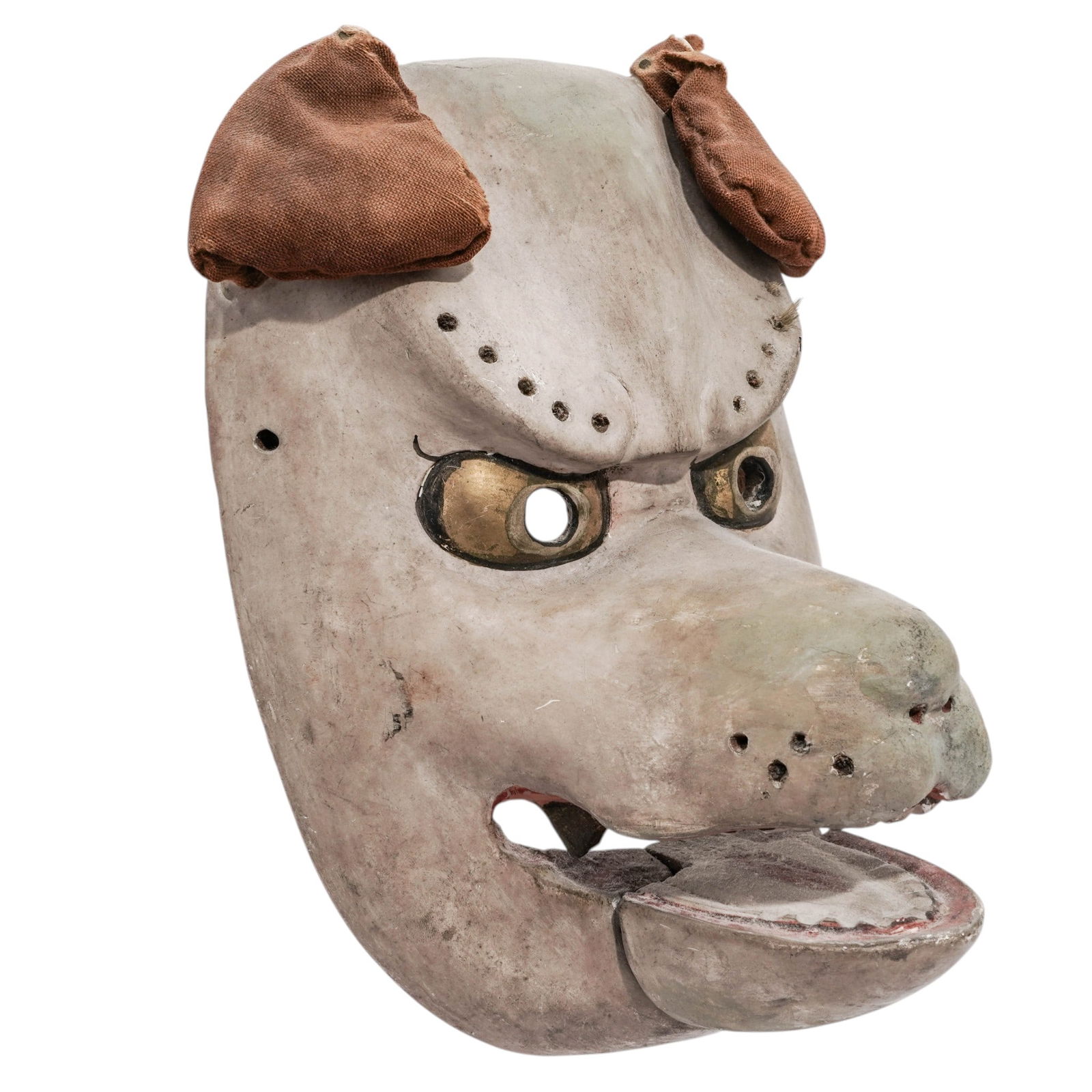 Japanese Meiji Era Kitsune Fox Mask: Japanese Meiji Era Kitsune Fox Mask Late 19th-Early 20th c., Japan Antique Japanese kitsune fox max with an articulating jaw made from carved wood decorated in pigment over gesso with cloth ears.