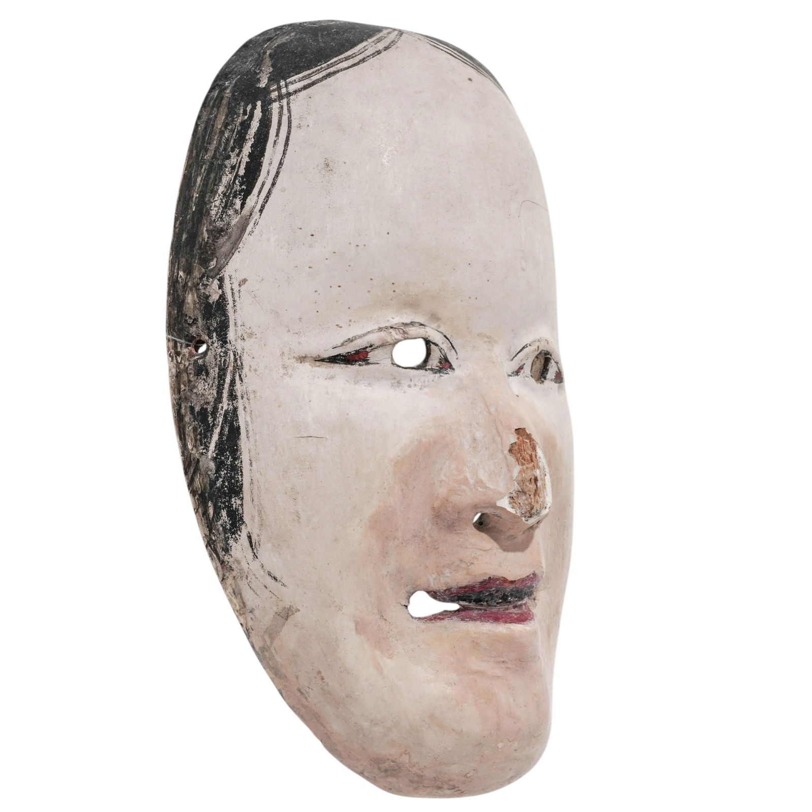 Japanese Edo Period Female Noh Theater Mask: Japanese Edo Period Female Noh Theater Mask 17th c., Japan Antique Japanese Noh theater mask representing a Ko-Omote or Waka Onna woman character. It is carved from wood and painted with natural