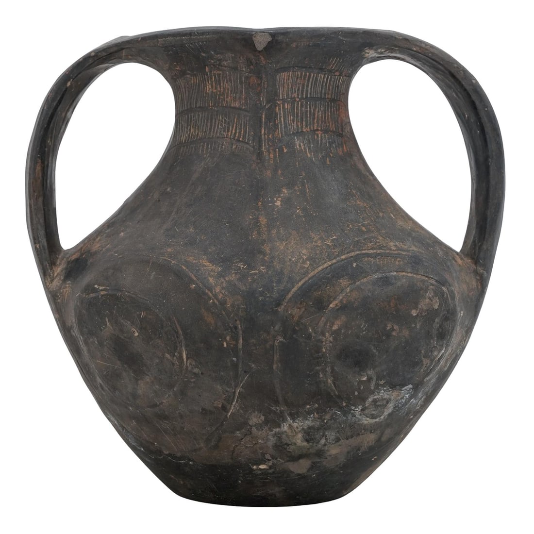 Chinese Han Dynasty Black Lifan Amphora: Chinese Han Dynasty Black Lifan Amphora 206 BCE–220 CE, China Chinese black pottery double-handled amphora vessel featuring a bulbous body with two wide, flat handles connecting the rim to the