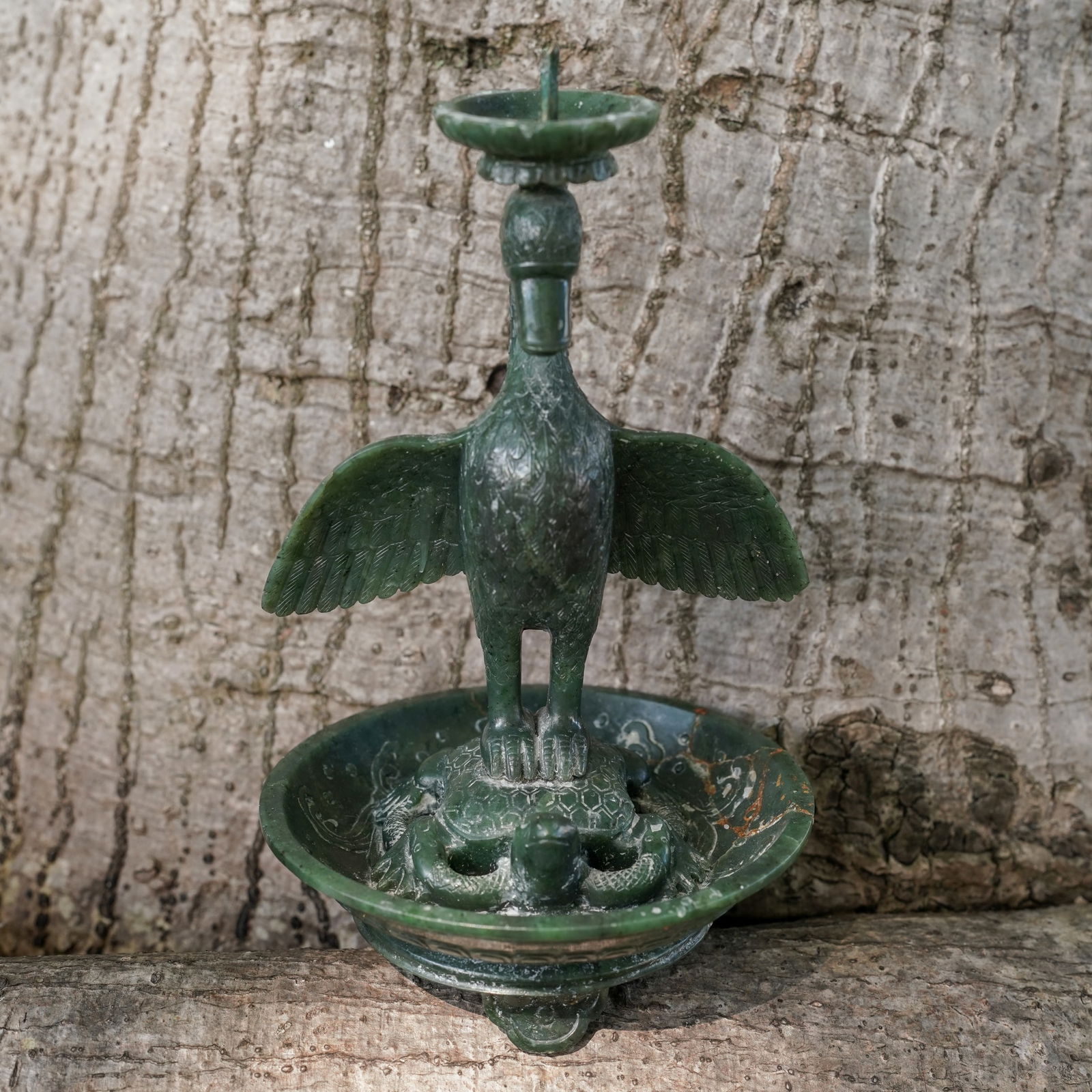 Antique Chinese Spinach Jade Duck & Turtle Candlestick: Antique Chinese Spinach Jade Duck & Turtle Candlestick Early 20th Cent., China Antique Chinese carved spinach jade candlestick on three ruyi-shaped feet, depicting a bird with outstretched wings
