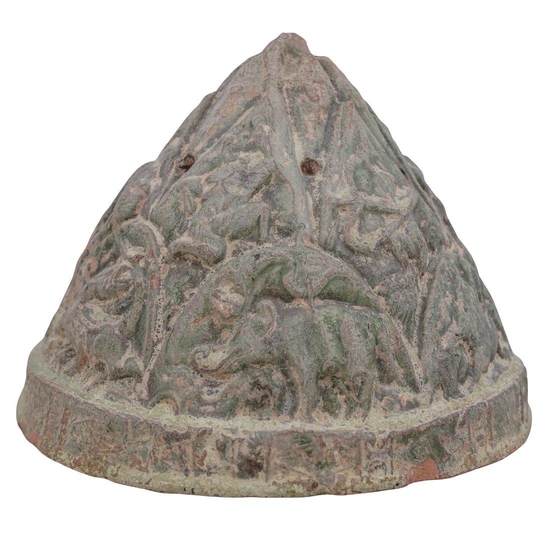 Western Han Dynasty Pottery Boshanlu Incense Burner Lid: Western Han Dynasty Pottery Boshanlu Incense Burner Lid 206 BCE-9 CE, China Ancient Chinese earthenware mountain-shaped "boshan lu" or hill censer lid decorated with animal reliefs. The pierced