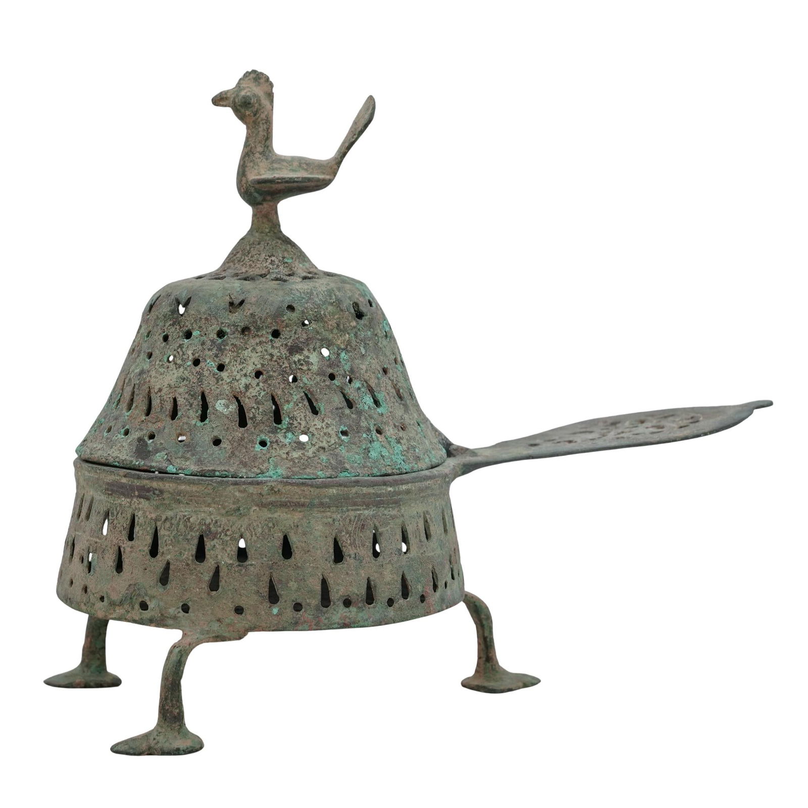 Antique Persian Seljuk Khorasan Bronze Bird Censer: Antique Persian Seljuk Khorasan Bronze Bird Censer 10th-12th c., Iran Antique Persian bronze incense burner with a hinged domed lid featuring a bird finial, and a body that stands on three legs and