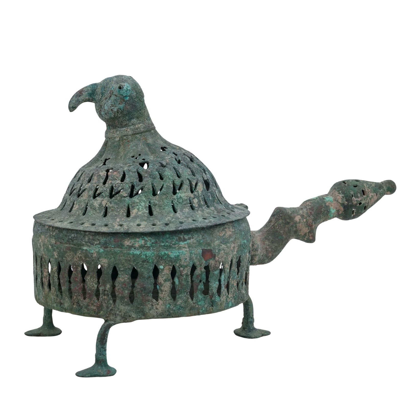 Persian Seljuk Khorasan Bronze Bird-Form Censer: Persian Seljuk Khorasan Bronze Bird-Form Censer 10th-12th c., Iran Antique Persian bronze incense burner with a hinged domed lid featuring a bird-head finial, and a body that stands on three legs and