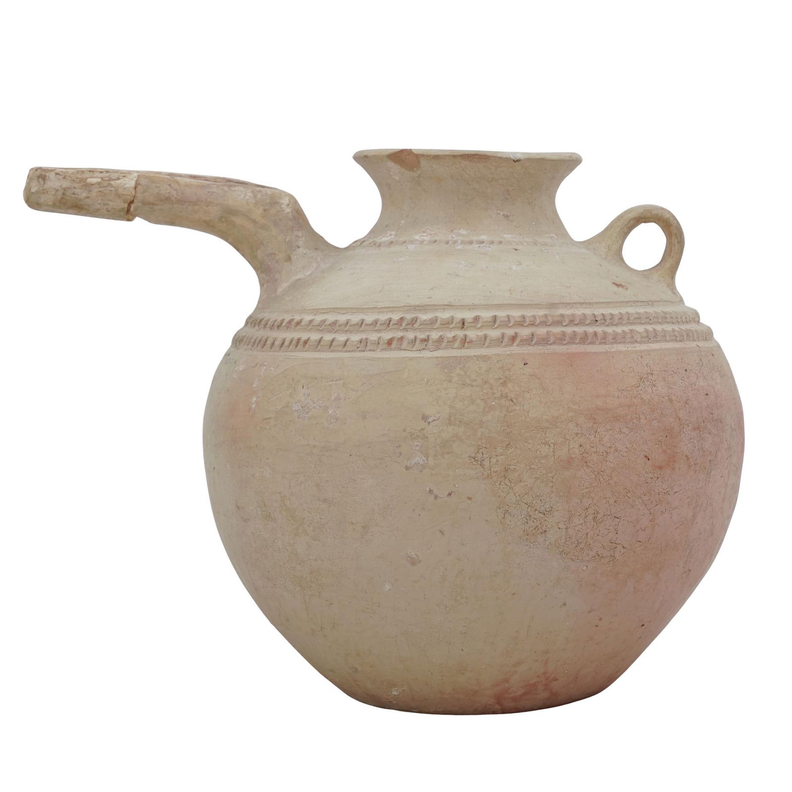Ancient Iranian Ceramic Beaked Vessel: Ancient Iranian Ceramic Beaked Vessel 1200-800 BCE, Iran Ancient Near Eastern beak-spouted pottery jug featuring a globular body, a small loop handle on one side, and a long, horizontal spout
