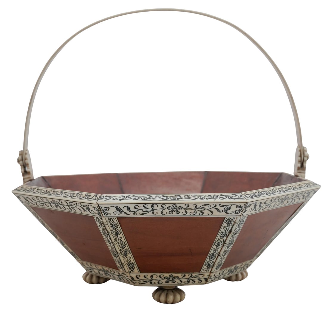 19th C. Anglo-Indian Vizagapatam Basket: 19th C. Anglo-Indian Vizagapatam Basket19th c., IndiaAntique Anglo-Indian Vizagapatam wood and inlaid bone sewing or work basket featuring a swing handle decorated with trailing flowers, joined to the