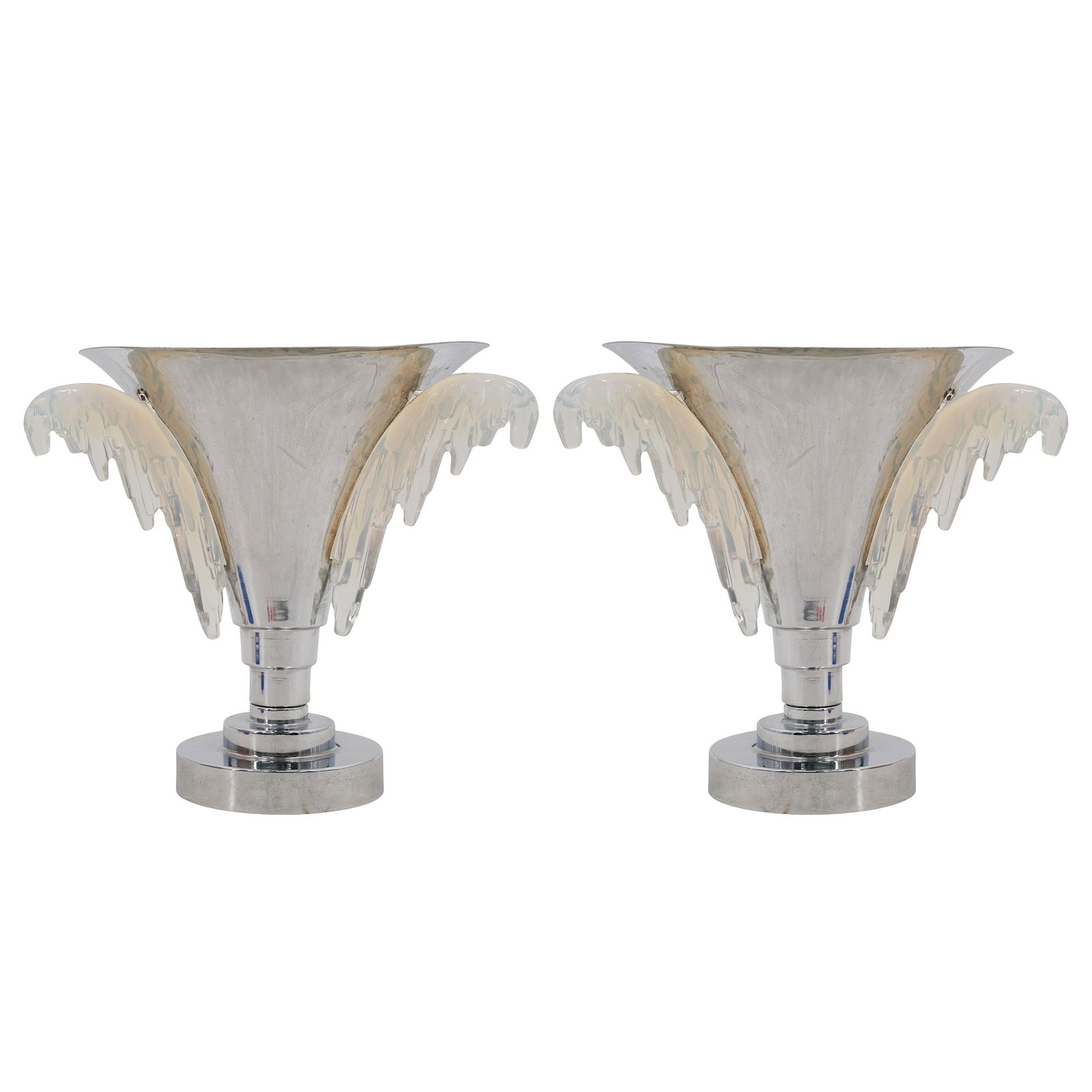 Pair Art Deco Melusine Paris Opalescent Glass & Chrome Table Lamps: Pair Art Deco Melusine Paris Opalescent Glass & Chrome Table Lamps 1920s-1930s, French The Art Deco Melusine lamps, feature sleek materials such as polished chrome and molded opalescent glass. Signed
