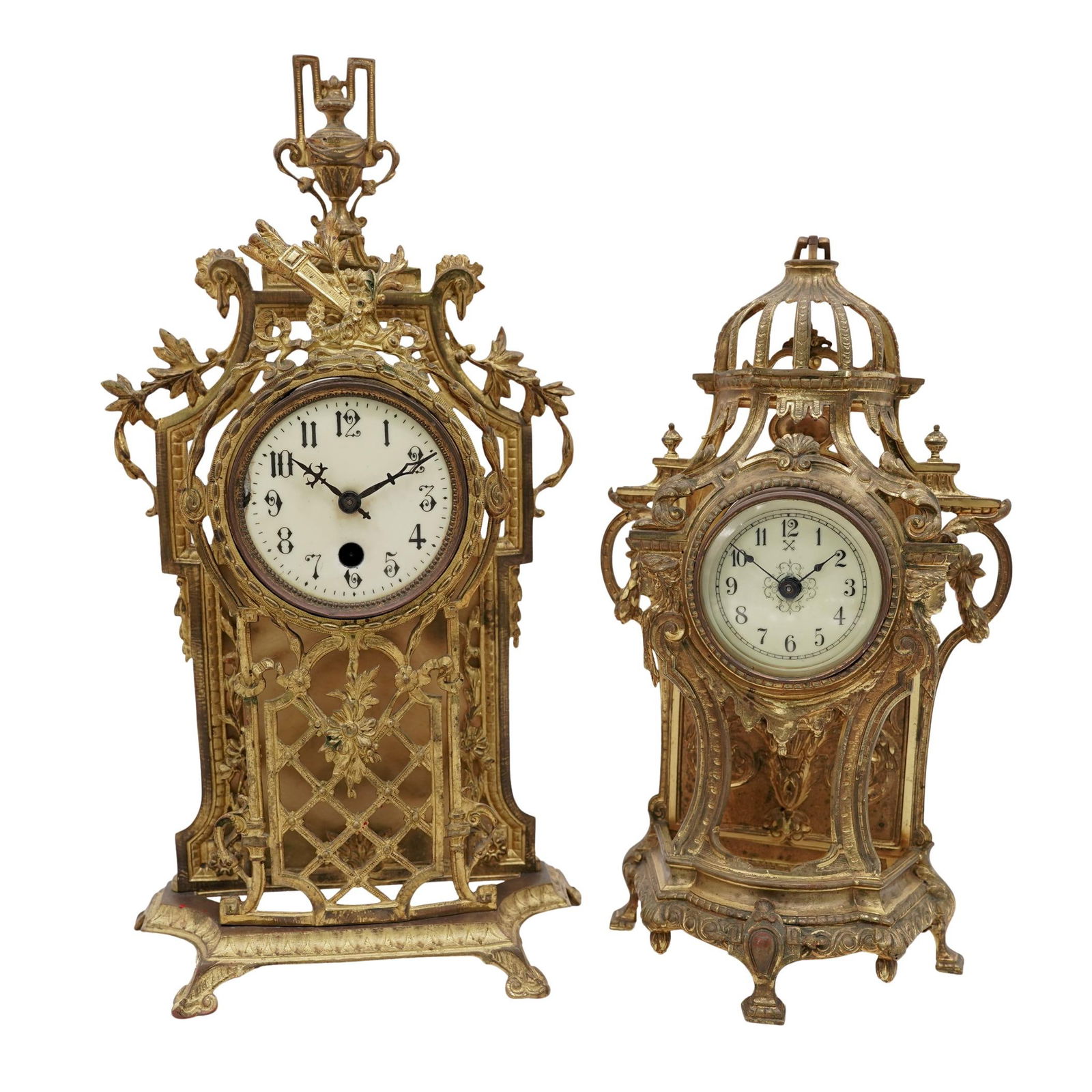 (2 pc) French Rococo Revival Gilt Bronze Mantel Clocks (1 of 6)
