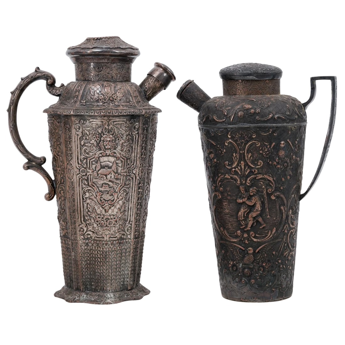 (2 Pc) E.G. Webster & Son Silverplate Cocktail Shakers: (2 Pc) E.G. Webster & Son Silverplate Cocktail ShakersLate 19th-Early 20th c., USAAntique repousse silver-plated cocktail shakers with handles as well as corked spouts and lids. They are decorated wit