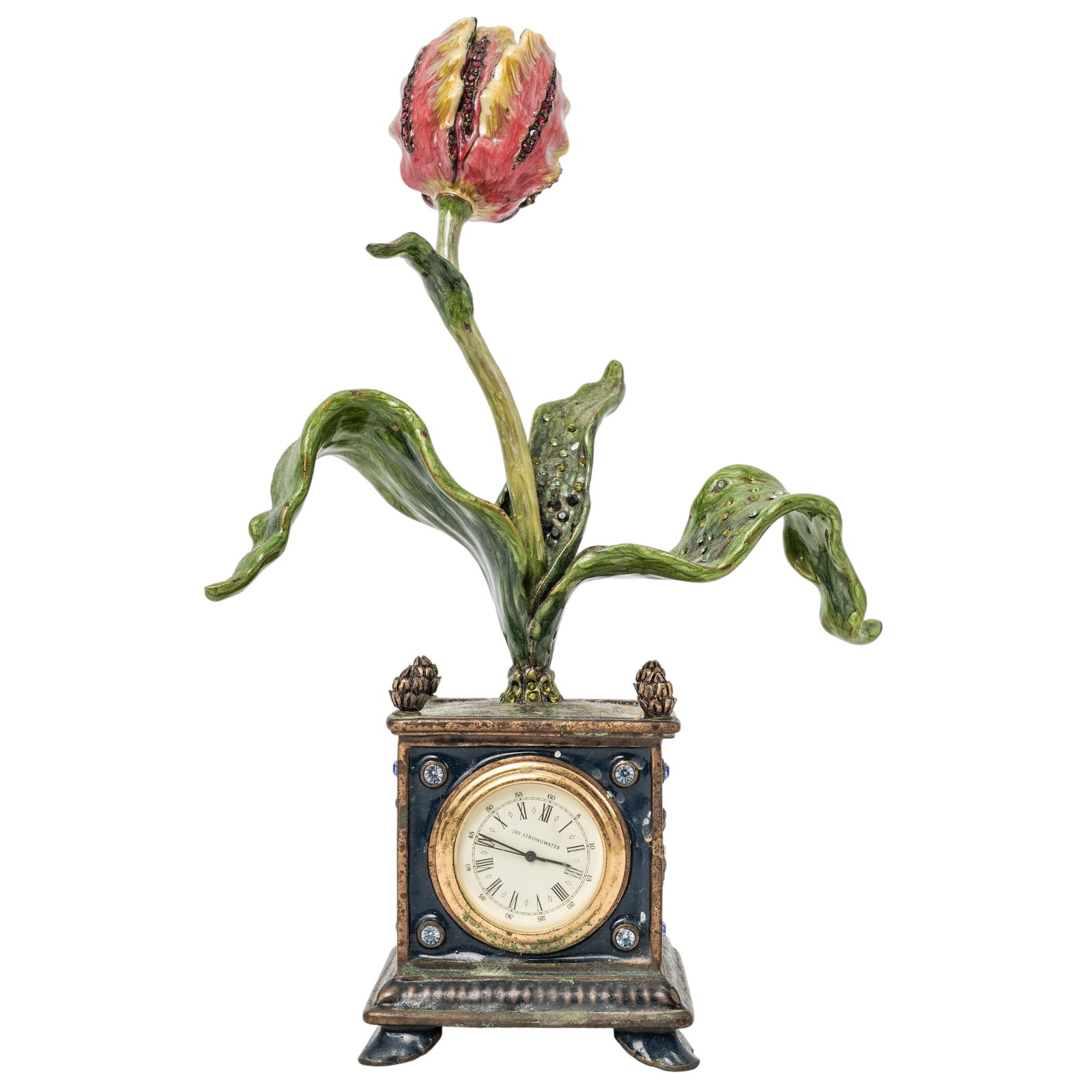 Jay Strongwater "English Garden" Tulip Planter Clock: Jay Strongwater "English Garden" Tulip Planter Clock 20th century,USA Tulip Planter Clock featuring gold-tone metal construction with enamel and Swarovski crystal embellishments. Marked on the bottom