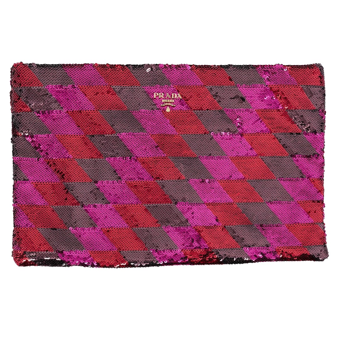 Prada Sequin Clutch Bag: Prada Sequin Clutch Bag20th Cent., ItalianPrada sequin clutch featuring a multicolored geometric pattern in shades of pink, magenta, burgundy and black. Marked "Prada Milano DAL and Shiel" to the fron