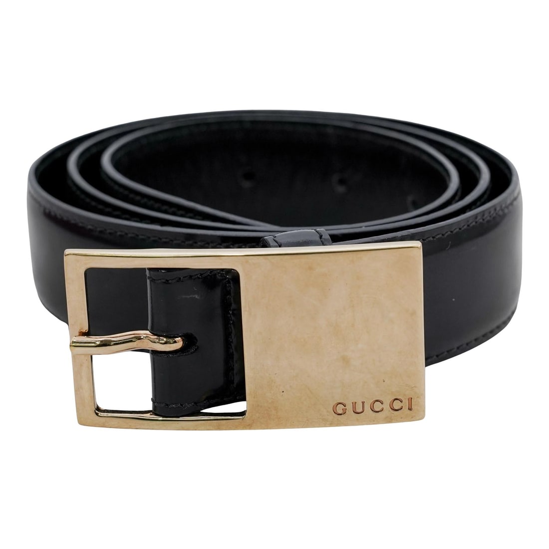 Vintage Black Leather Gucci Belt: Vintage Black Leather Gucci Belt 20th century, Italian A vintage Gucci black leather belt with gold tone buckle and hardware. Buckle is marked "Gucci". Belt marked "Gucci made in Italy