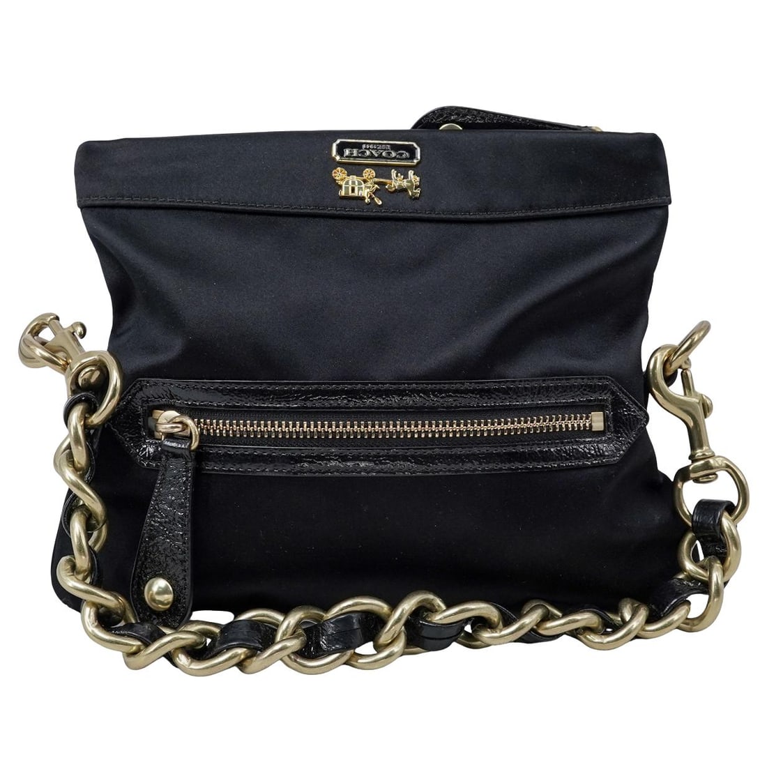 Coach "Amanda" Black Satin Fold Over Clutch: Coach "Amanda" Black Satin Fold Over Clutch Early 21st century, American A Coach "Amanda" black satin fold over clutch with gold tone hardware. Marked on Coach "Creed" patch with number A0971-13597.