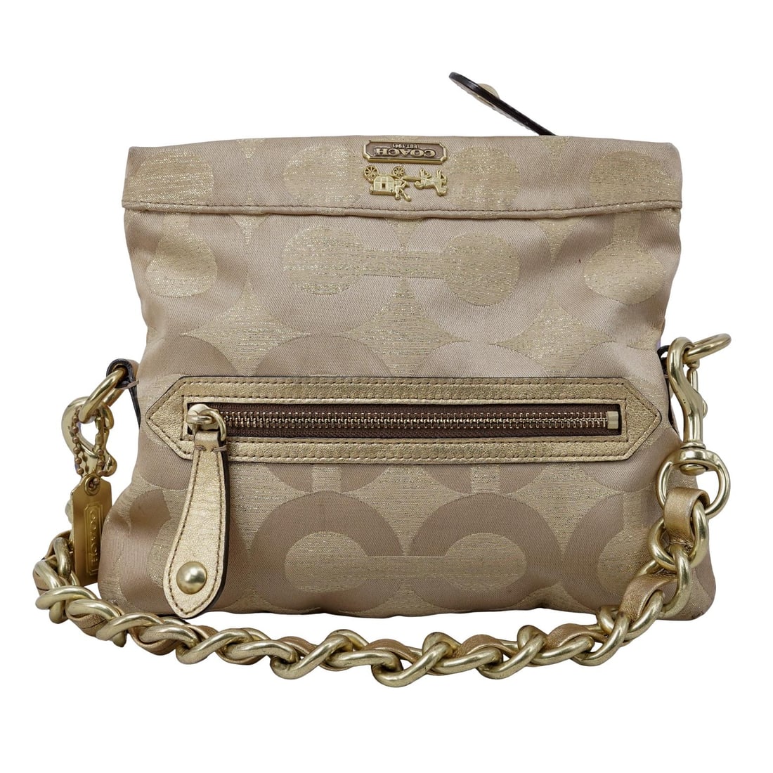Coach "Amanda" Gold Signature Link Fold Over Clutch: Coach "Amanda" Gold Signature Link Fold Over Clutch Early 21st century, American A Coach "Amanda" gold signature link pattern fold over clutch with gold tone hardware. Marked on Coach "Creed" patch