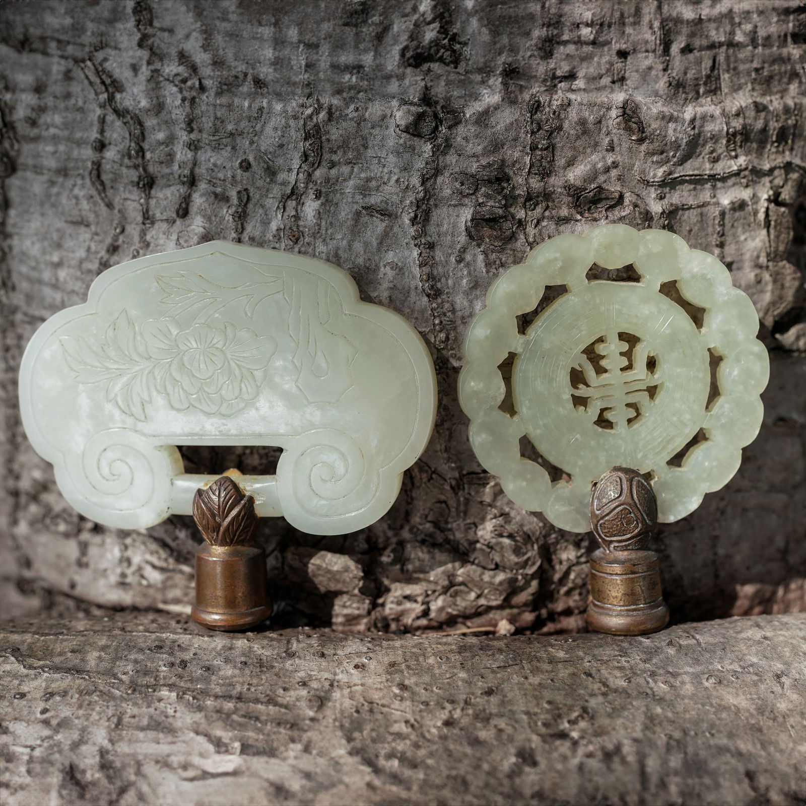 (2 Pc) Chinese Qing Dynasty Jade Lamp Finials: (2 Pc) Chinese Qing Dynasty Jade Lamp Finials Late 19th-Early 20th c., China Antique Chinese carved mutton-fat celadon jade ruyi-shape lamp finial engraved with Chinese characters on one side and