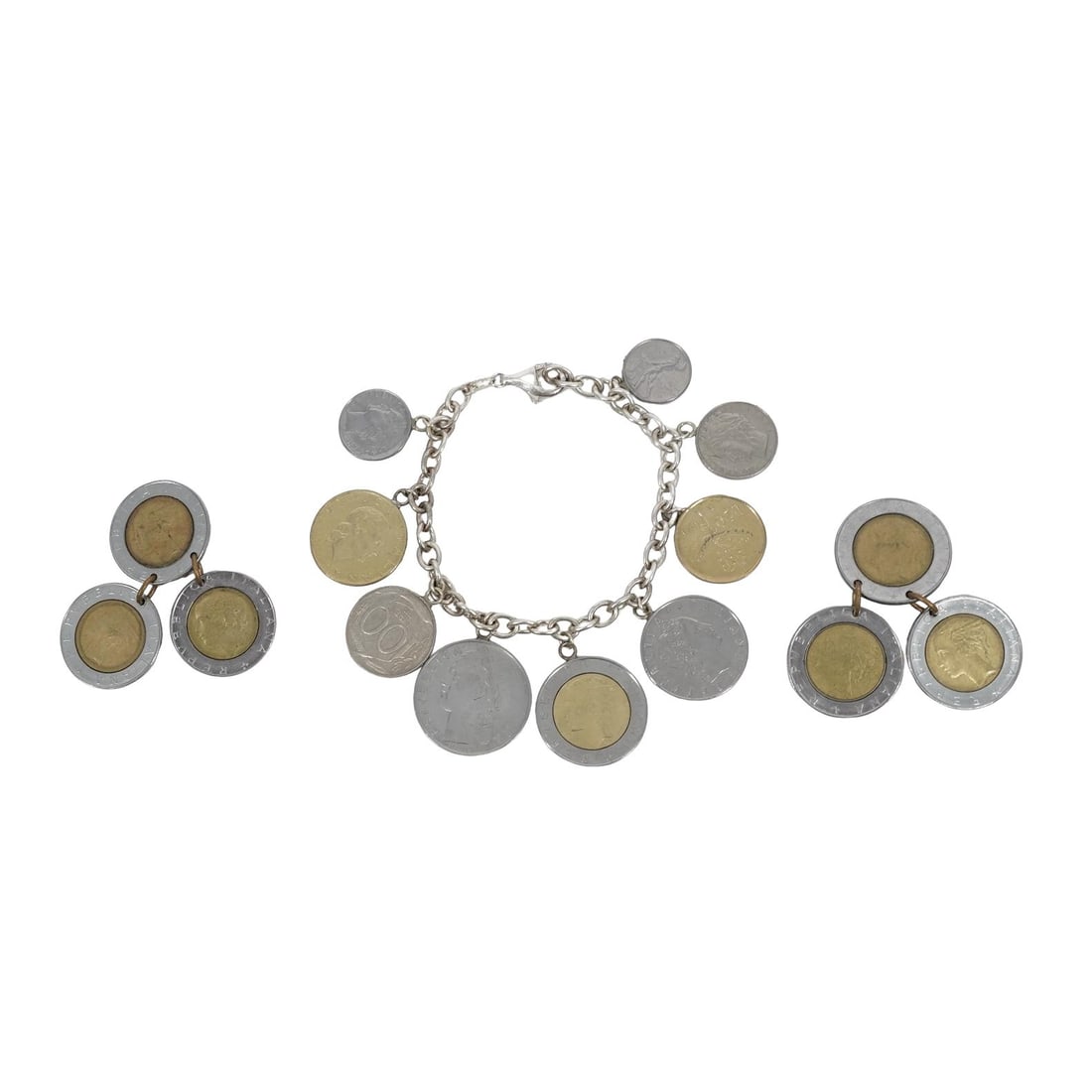 Italian Sterling Silver & Coin Charm Bracelet & Earring Set: Italian Sterling Silver & Coin Charm Bracelet & Earring Set Late 20th c., Italy Sterling silver charm bracelet and gold metal clip-on earrings with Italian coins dating from the 70s to the 90s. The