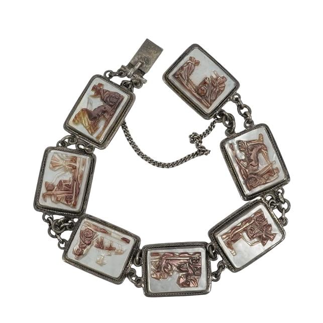 Vintage 800 Silver & MOP Cameo Bracelet: Vintage 800 Silver & MOP Cameo Bracelet Mid to Late 20th c. Silver link bracelet set with carved mother of pearl cameos featuring reliefs of Greco-Roman deities driving chariots to represent the days