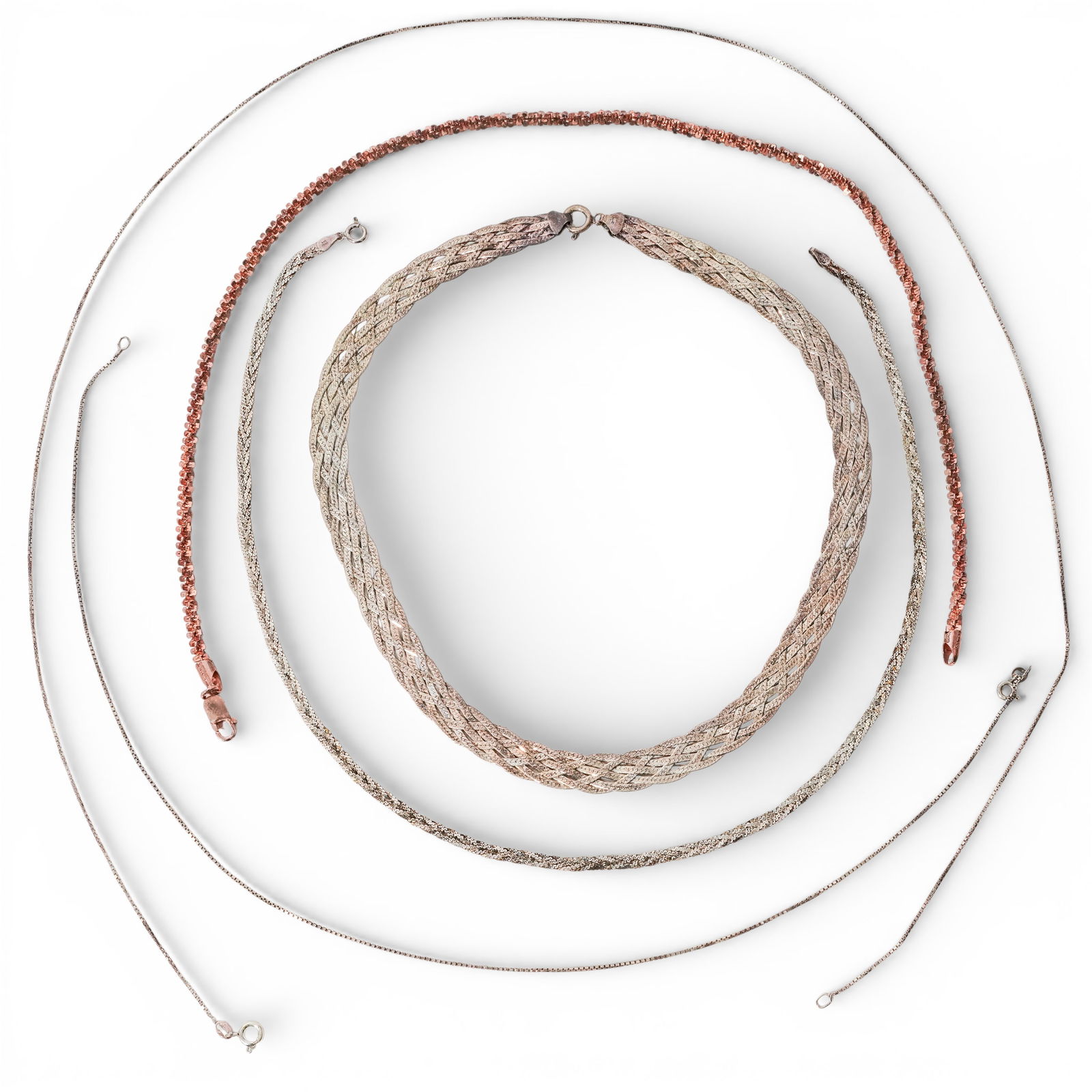 (5 Pcs) Italian Sterling Silver Necklace Set: (5 Pcs) Italian Sterling Silver Necklace Set Late 20th Century, Italian Group of five Italian sterling silver chains. Necklaces designed with twisted rope, weave and box construction and secure