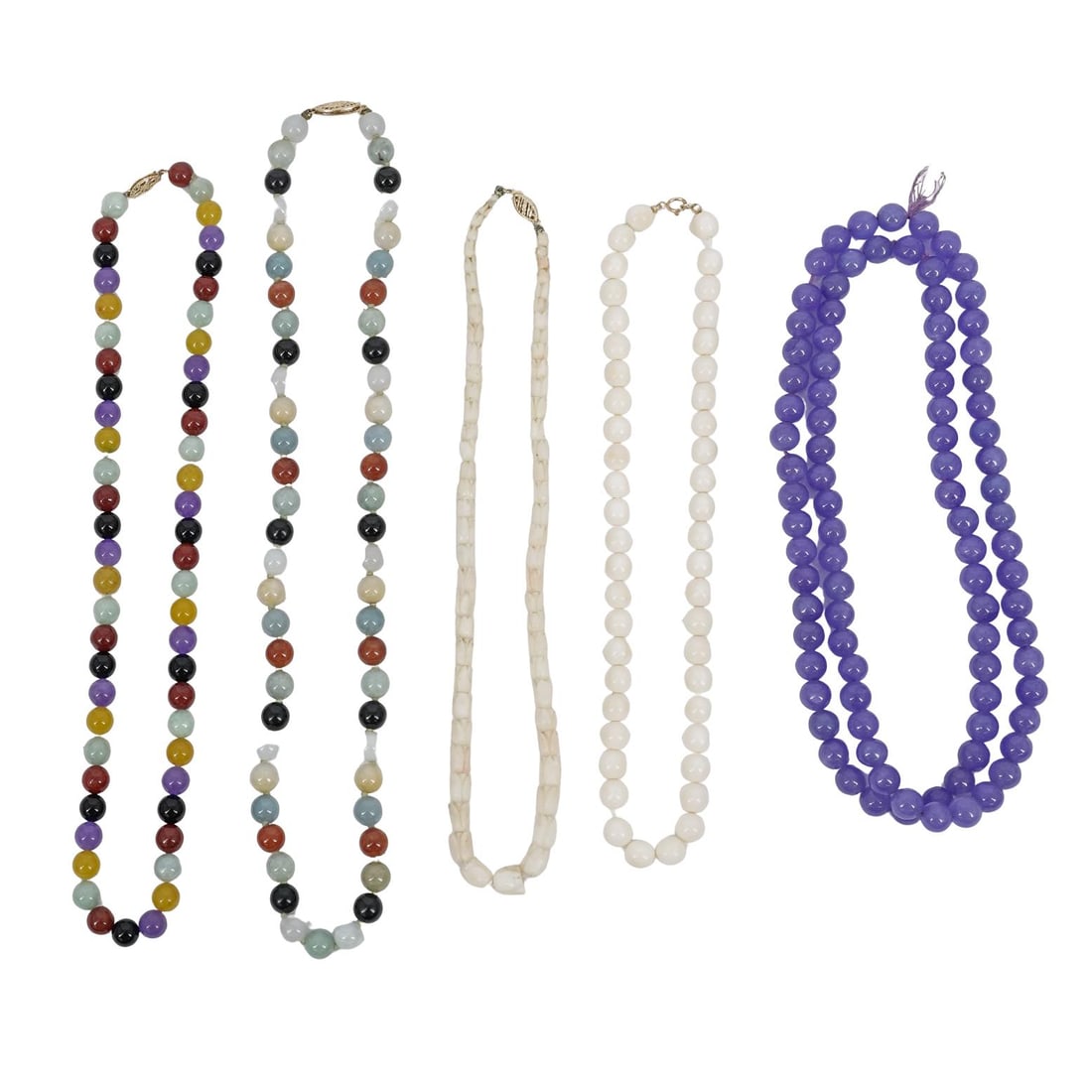 (5 Pc) 14K Gold & Semi-Precious Gemstone Necklaces: (5 Pc) 14K Gold & Semi-Precious Gemstone Necklaces Late 20th c. (2) Angel skin coral bead necklaces with 14k yellow gold clasps. Both clasps are stamped 14k. Total weight: 39g (25.1dwt) (2)