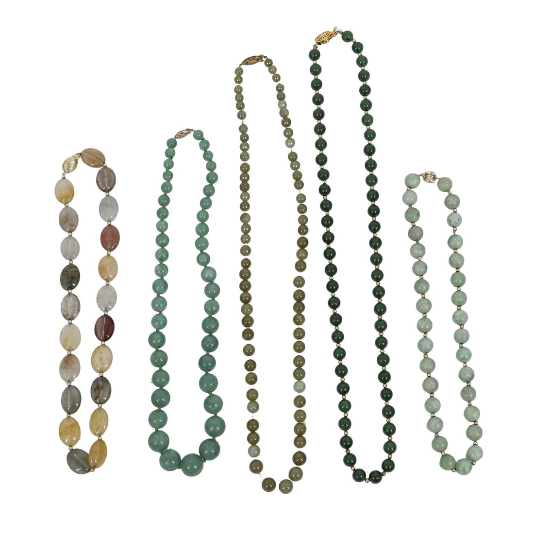 (5 pcs) 14k Gold Jade and Stone Beaded Necklaces: (5 pcs) 14k Gold Jade and Stone Beaded Necklaces 20th century, Chinese A set of five beaded necklaces including four jade and one with earth tone agates. (1) Chinese jade beaded necklace with beads