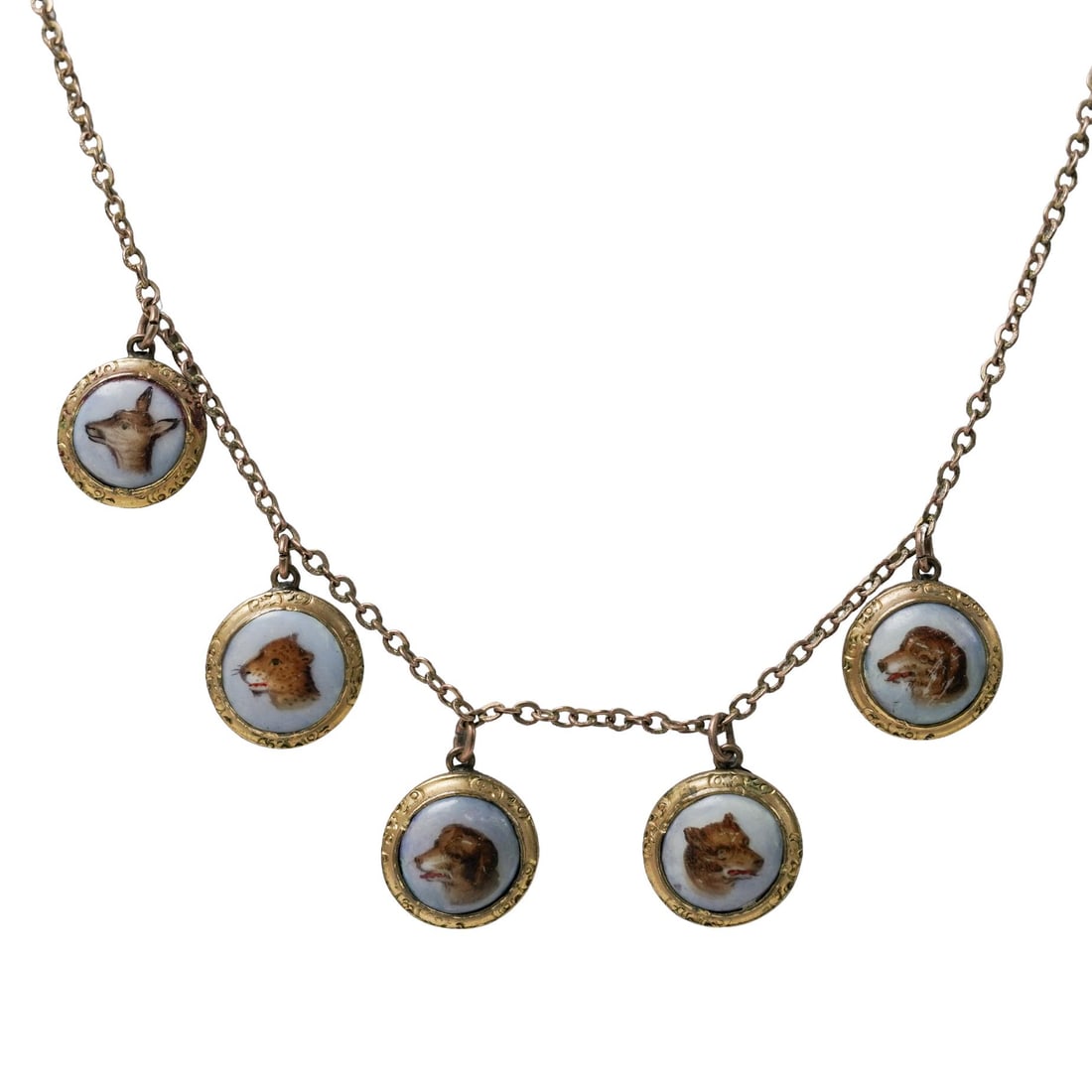 Victorian Painted Porcelain Animal Charm Necklace: Victorian Painted Porcelain Animal Charm Necklace Late 19th-Early 20th c., Europe Antique necklace featuring round porcelain cabochons with hand-painted animal portraits set in gilded brass charms on