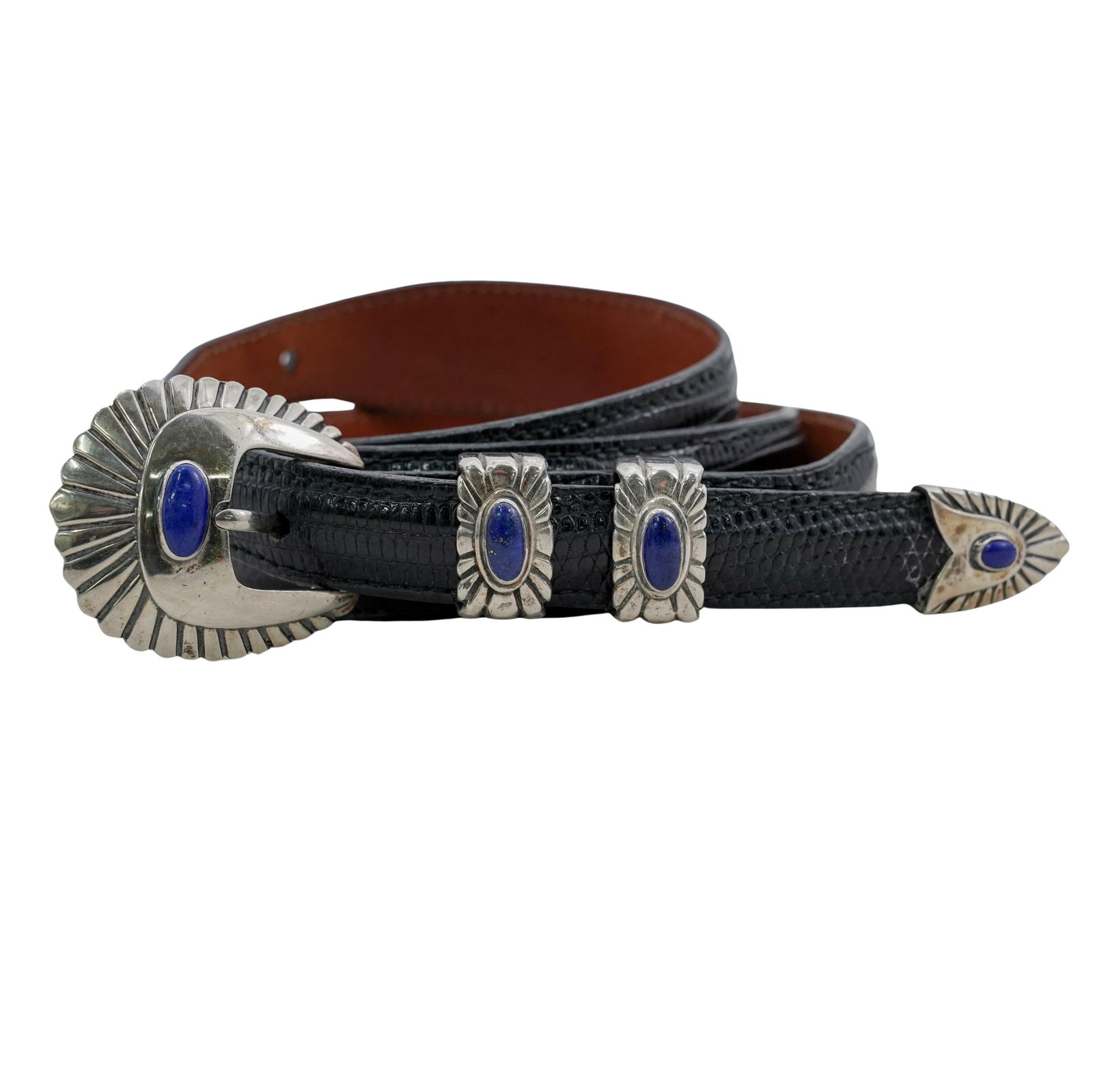 Vintage Alexander's Sterling, Lapis, and Lizard Belt: Vintage Alexander's Sterling, Lapis, and Lizard Belt 1995, American A vintage Alexander's lizard leather belt with sterling silver and lapis lazuli buckle and hardware. Belt marked "36 genuine lizard
