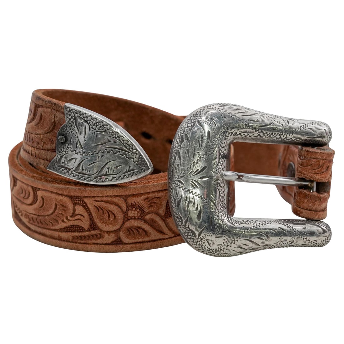 Renalde Sterling Silver and Floral Tooled Leather Belt: Renalde Sterling Silver and Floral Tooled Leather Belt 20th century, American Renalde floral tool brown leather belt with sterling silver buckle and hardware. Buckle marked "Renalde Sterling Denver