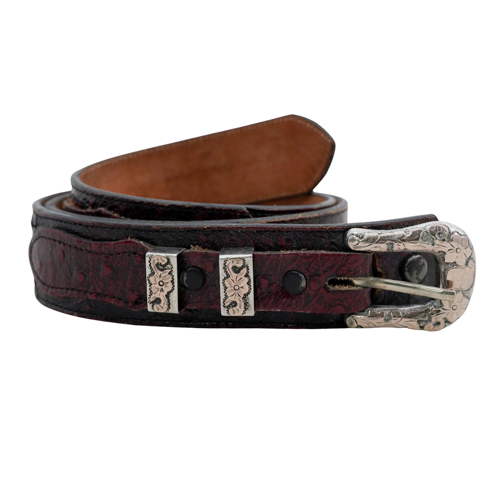 Vintage Nocona Oxblood Leather Belt w/ Mexican Sterling Buckle: Vintage Nocona Oxblood Leather Belt w/ Mexican Sterling Buckle 20th century, Mexican A vintage Nocona oxblood leather belt with mexican sterling silver belt buckle and hardware. Buckle is marked with