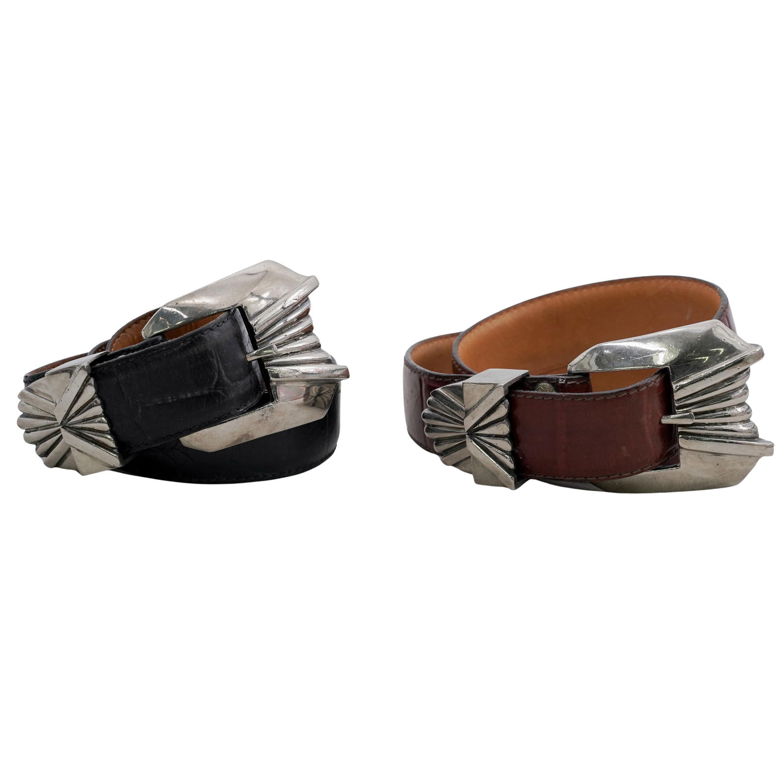 (2 pcs) Vintage Al Beres Sterling Silver Plated and Leather Belts: (2 pcs) Vintage Al Beres Sterling Silver Plated and Leather Belts 20th century, American A set of two vintage Al Beres leather belts with sterling silver plated buckles. Buckle marked "Al Beres USA