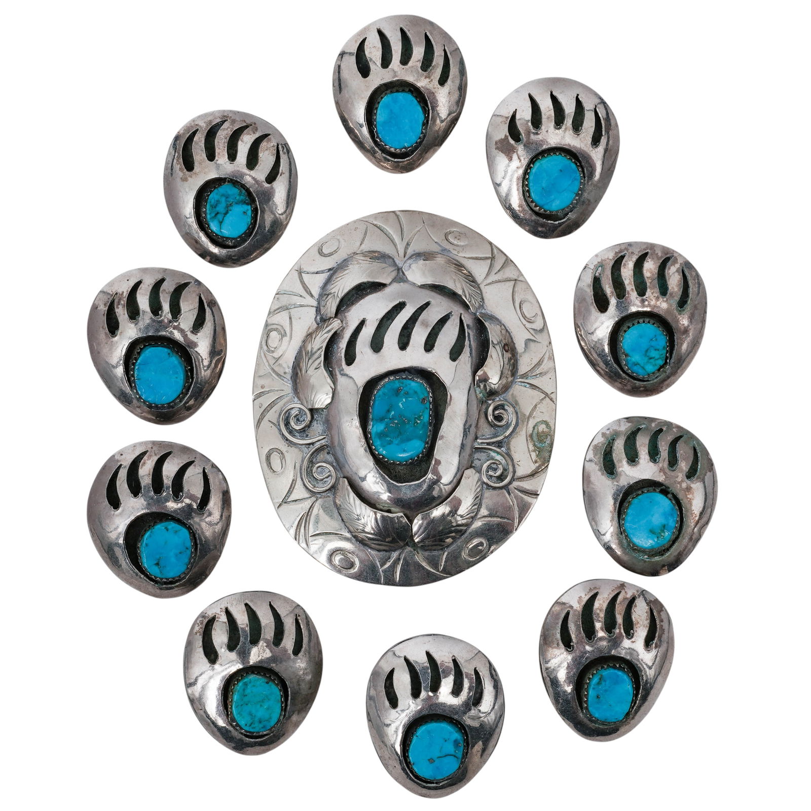 (11 pcs) Mexican Silver Plated and Turquoise Conchos: (11 pcs) Mexican Silver Plated and Turquoise Conchos 20th century, Mexican A set of eleven vintage silver-plated concho pieces with turquoise. Large concho marked "RP hecho en Mexico". Smallest L