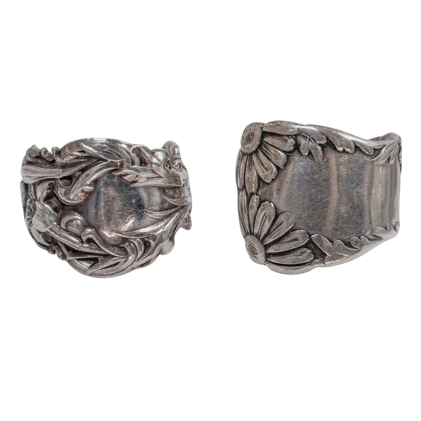 (2 pcs) Vintage Handcrafted Silver Repurposed Spoon Rings: (2 pcs) Vintage Handcrafted Silver Repurposed Spoon Rings Mid to late 20th century A set of two vintage handcrafted silver rings constructed from repurposed spoon handles. Each feature a floral