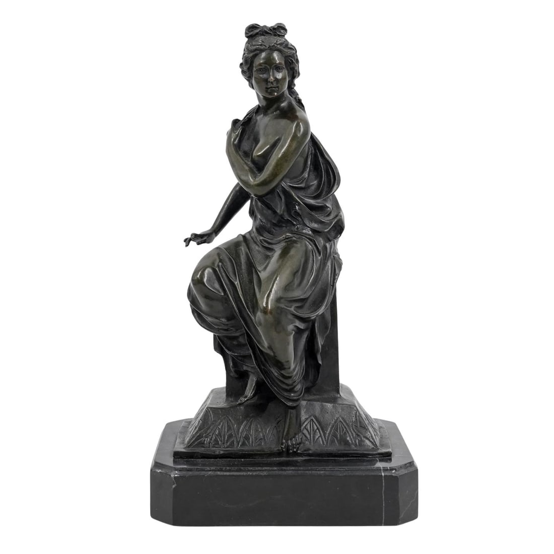 Auguste Moreau Style Bronze Semi-Nude Sculpture: Auguste Moreau Style Bronze Semi-Nude SculptureThis large sculpture is a classical-style bronze figure of a seated partially draped woman. It is a solid, hot-cast bronze figure featuring a rich, dark