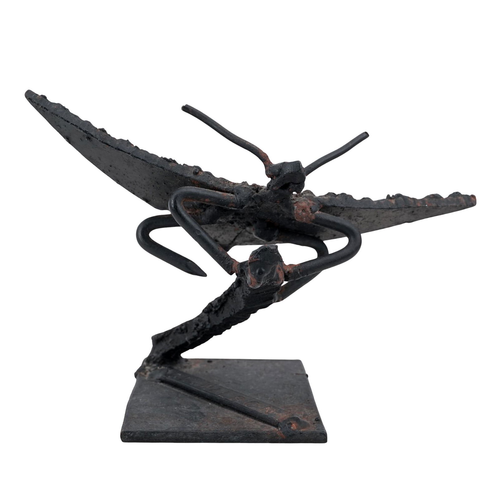 CM. Wilson(American 20th Cent.) Iron Dragonfly Sculpture: CM. Wilson( American 20th Cent.) Iron Dragonfly Sculpture 20th Cent. USA Painted metal sculpture modeled as an abstract dragonfly insect form, balanced upon a foliate element and mounted on a