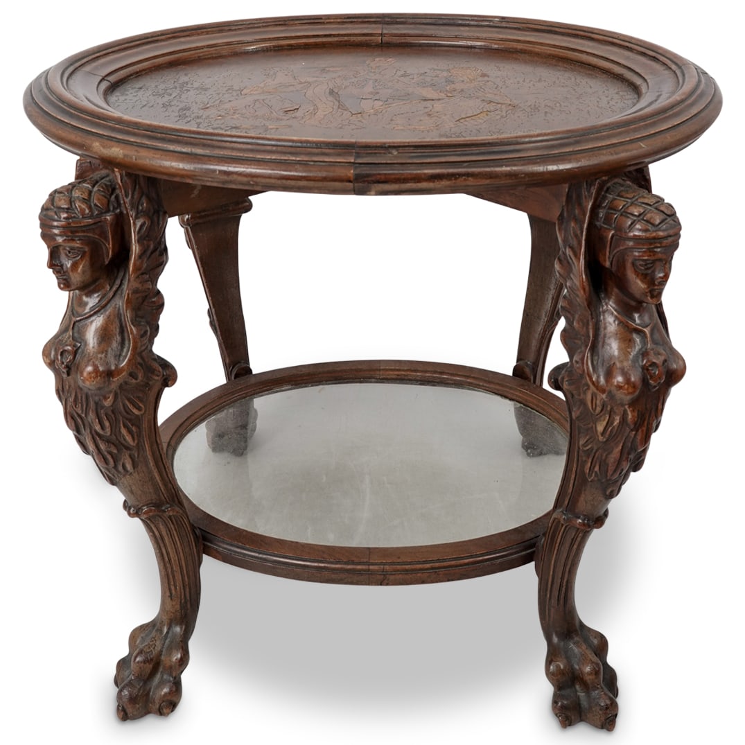 Antique French Renaissance Revival Marquetry Side Table: Antique French Renaissance Revival Marquetry Side Table Late 19th-early 20th century, French An antique French carved wood side table with Renaissance Revival figural marquetry on table top and