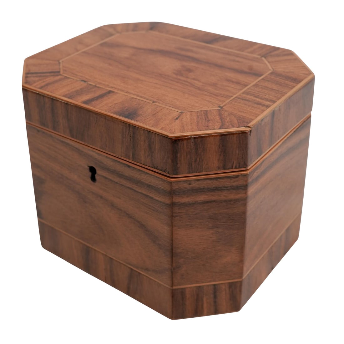 Antique Georgian Wooden Tea Caddy: Antique Georgian Wooden Tea Caddy Early 19th Cent., English Antique Georgian era Regency period (1811–1820) tea caddy, featuring a distinctive octagonal walnut wood form with eight sides that taper