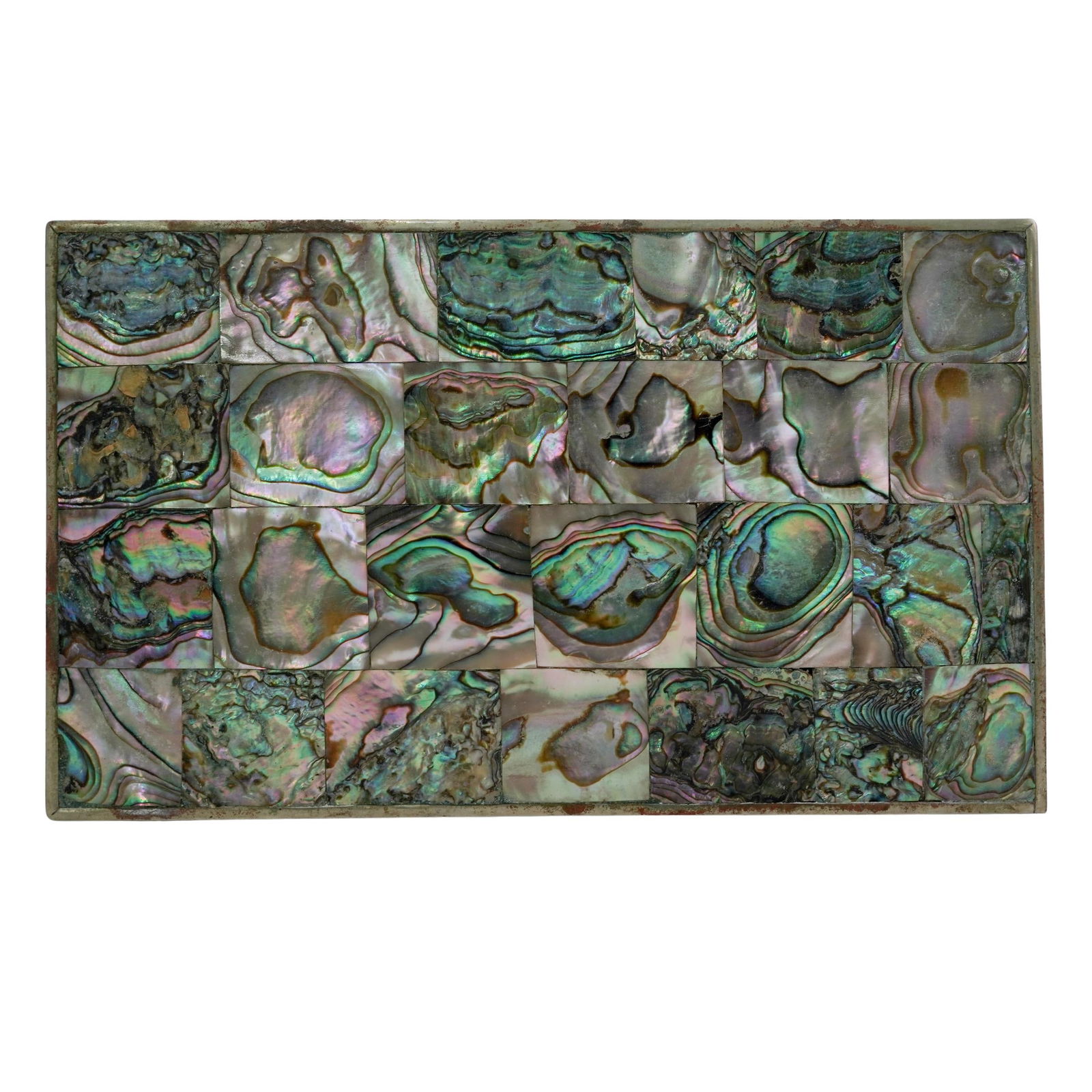 Mexican Alpaca Abalone Trinket Box: Mexican Alpaca Abalone Trinket Box 20th Cent.,Mexican A rectangular decorative trinket box in iridescent abalone shell mosaic panels, with hinged lid and metal mounts. Marked to the underside "ACA